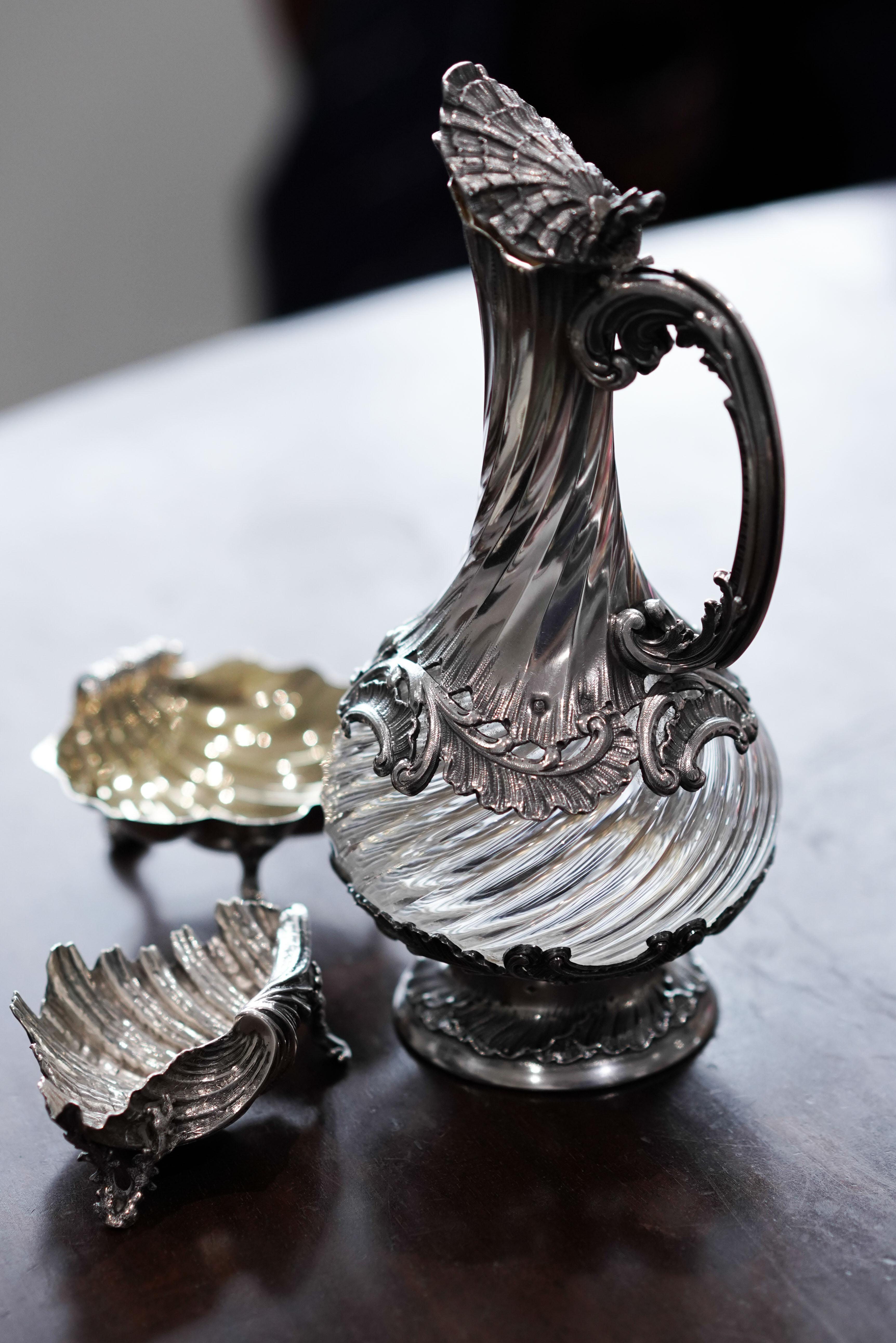Antique French Solid Silver Ewer Glass Mounted, Rococo Shell Design Lancon 1880 For Sale 11