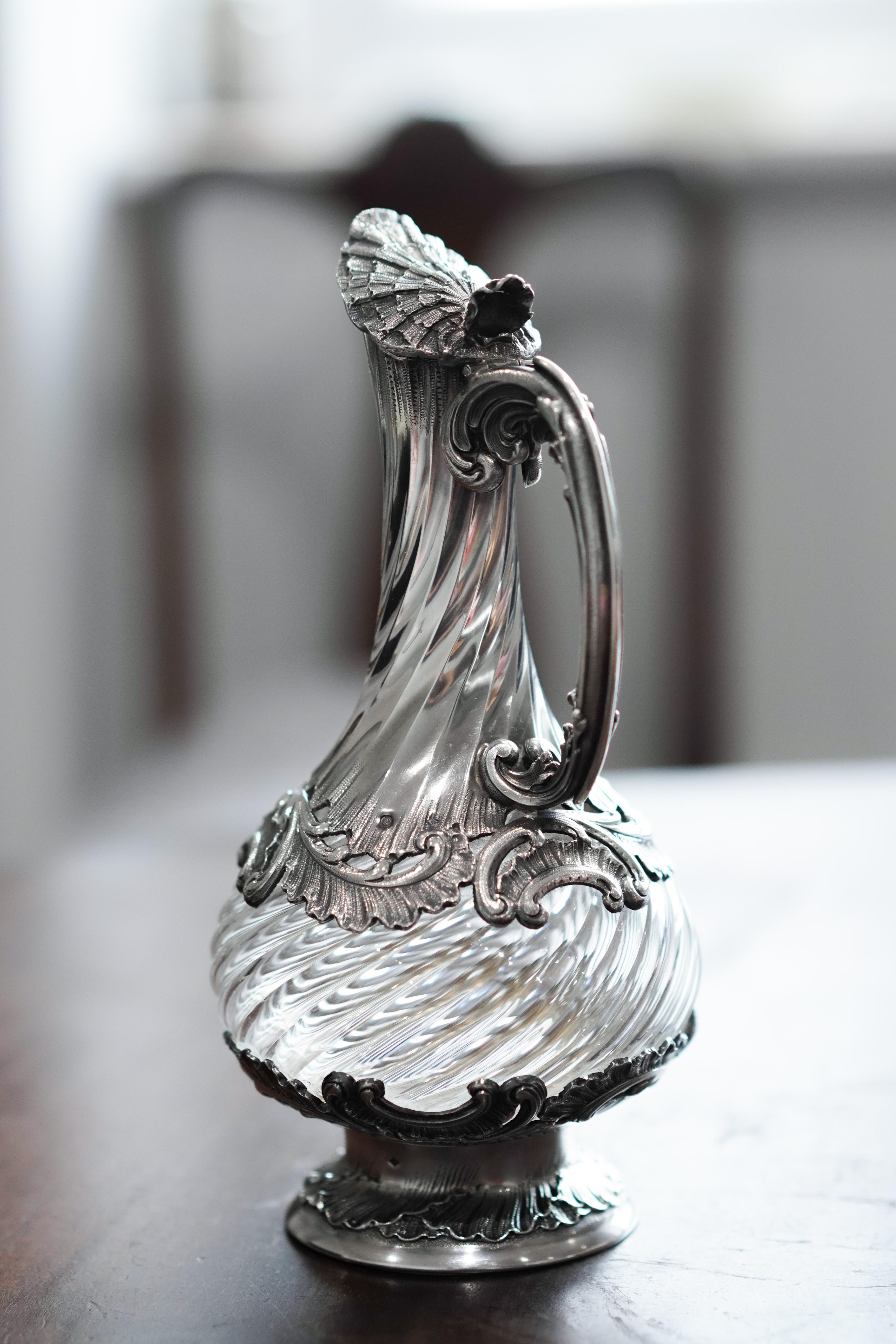 Antique French Solid Silver Ewer Glass Mounted, Rococo Shell Design Lancon 1880 For Sale 12