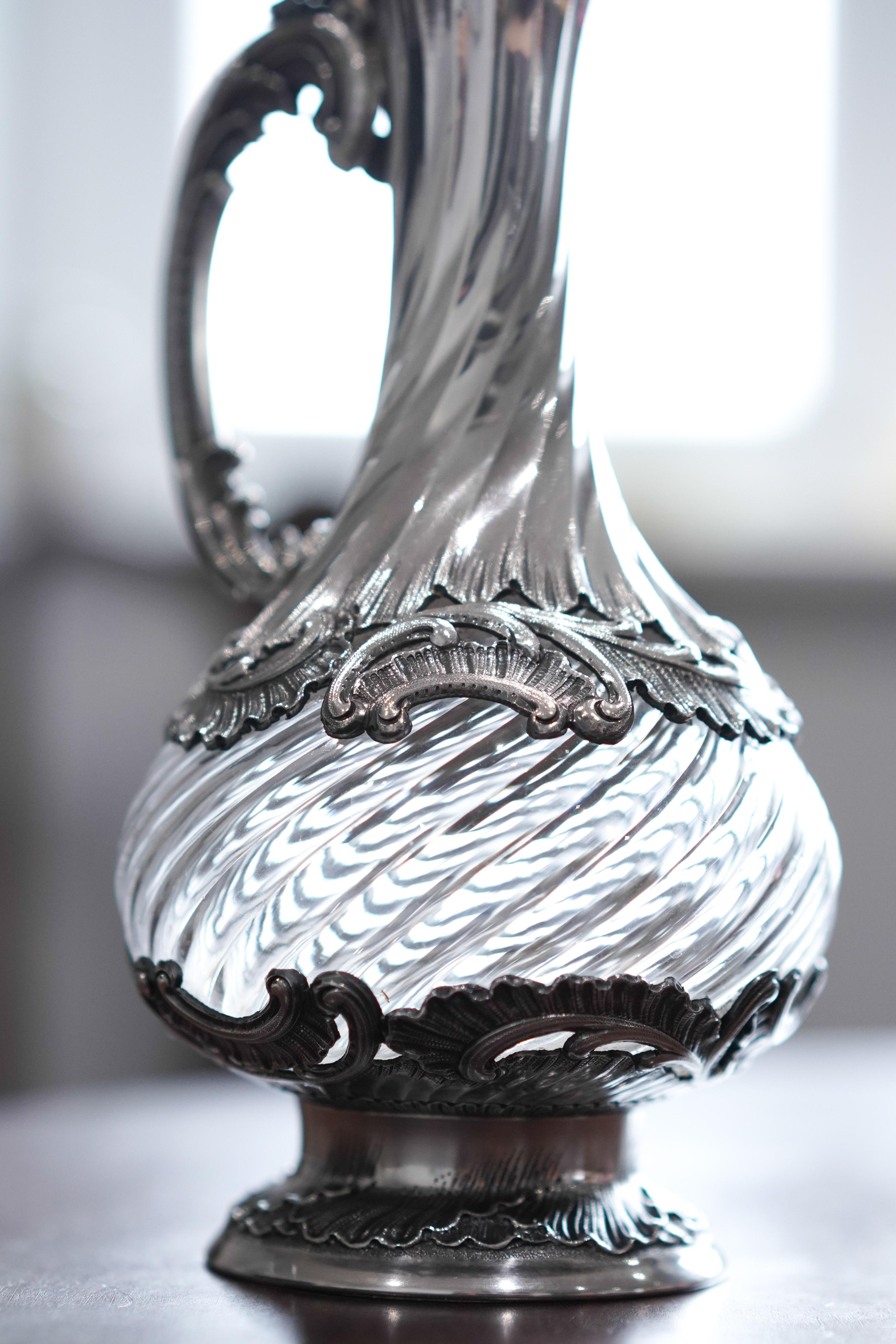 Antique French Solid Silver Ewer Glass Mounted, Rococo Shell Design Lancon 1880 For Sale 14