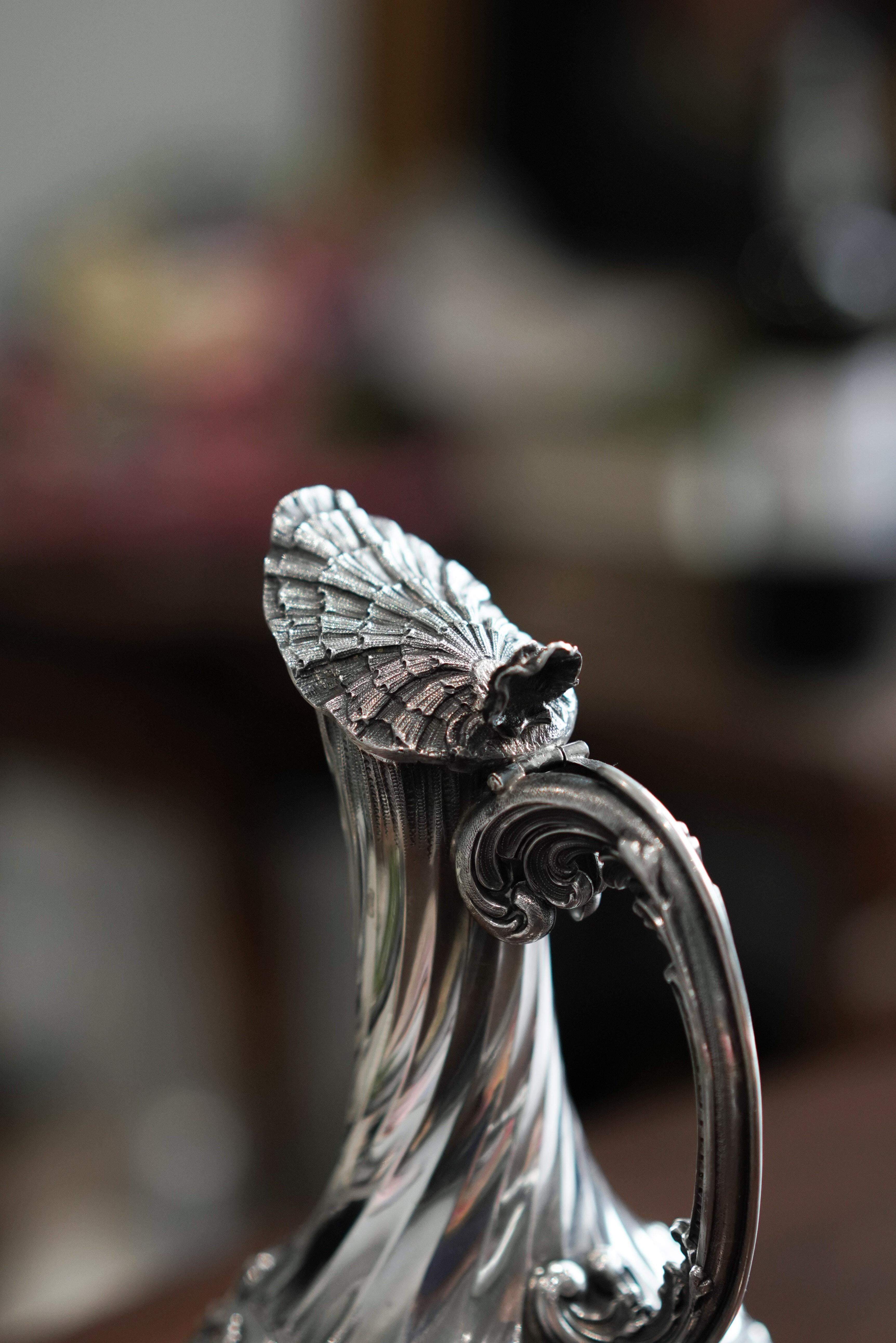 Antique French Solid Silver Ewer Glass Mounted, Rococo Shell Design Lancon 1880 For Sale 15