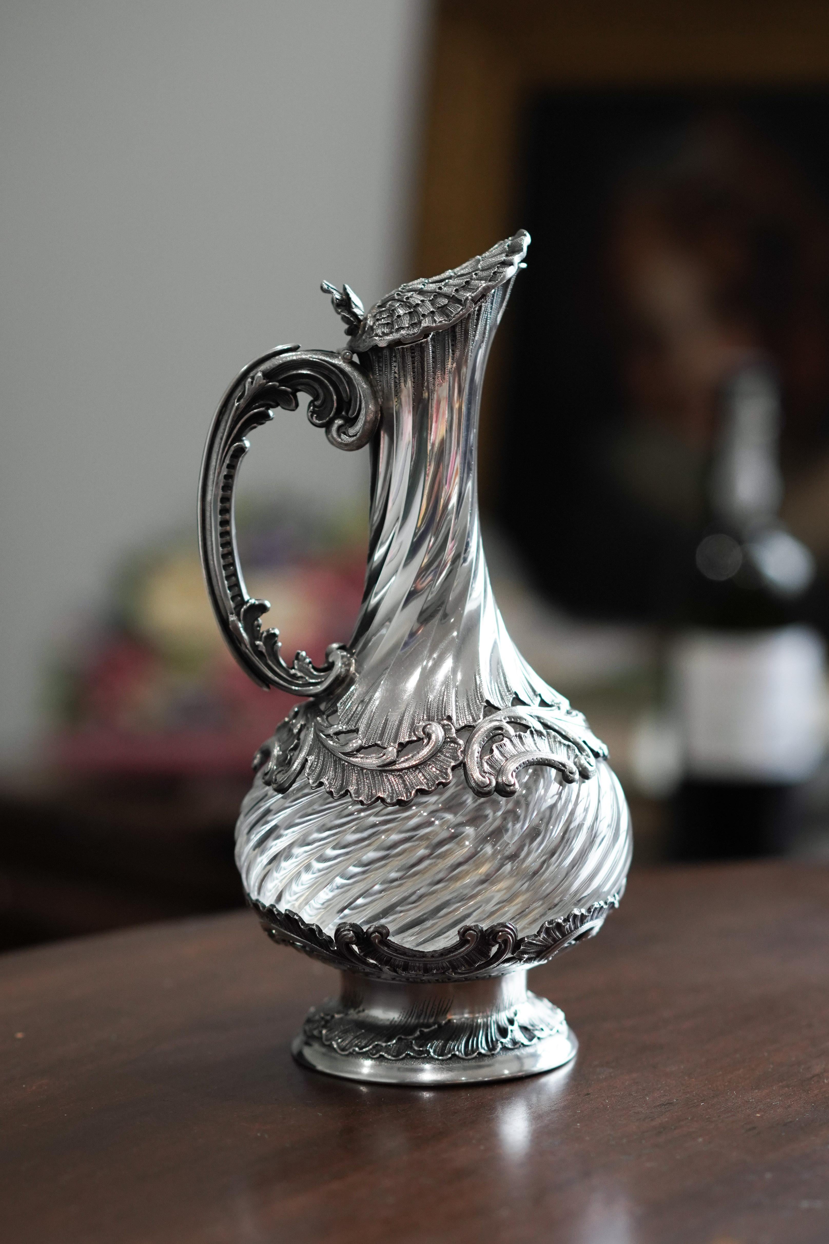 Antique French Solid Silver Ewer Glass Mounted, Rococo Shell Design Lancon 1880 For Sale 16