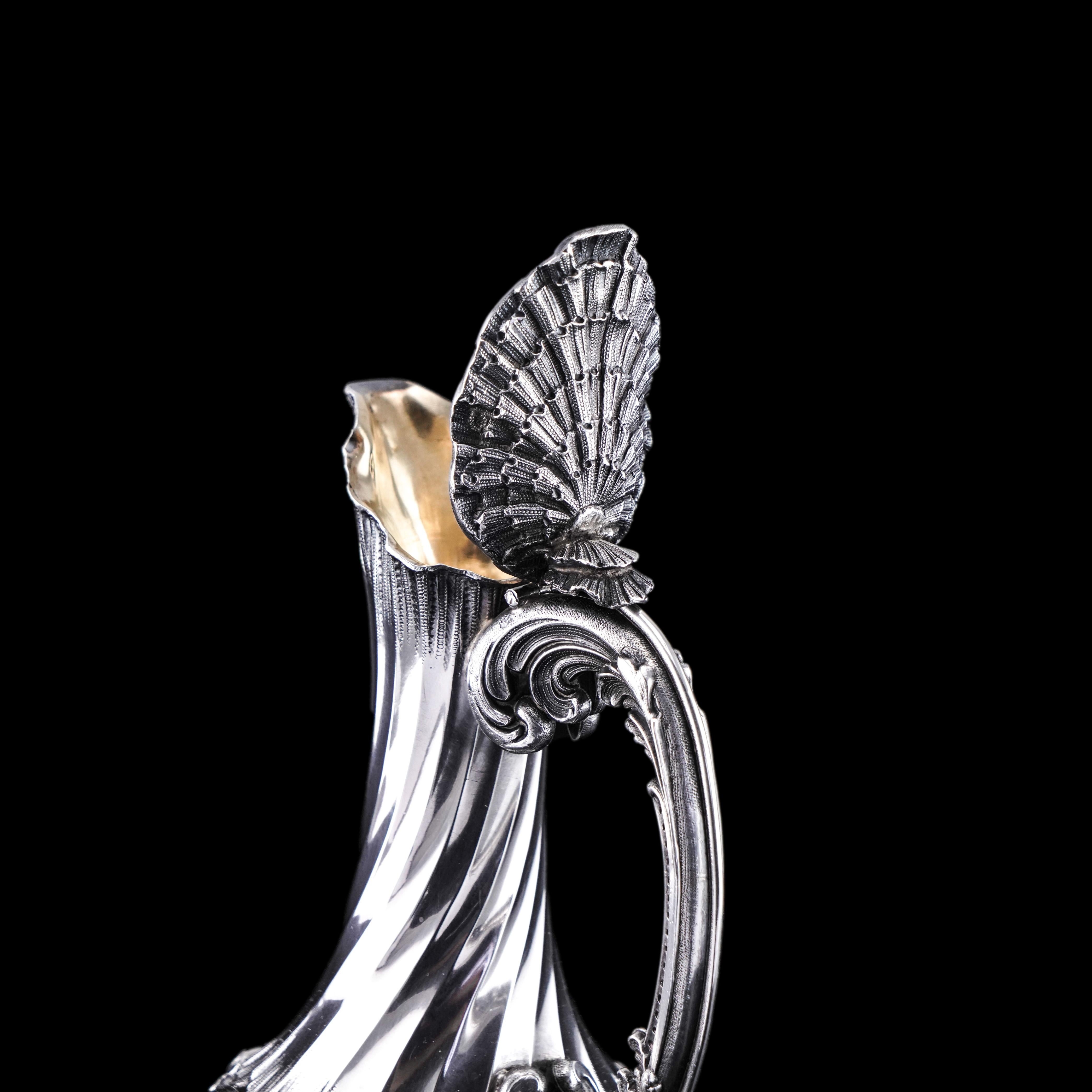 Antique French Solid Silver Ewer Glass Mounted, Rococo Shell Design Lancon 1880 In Good Condition For Sale In London, GB