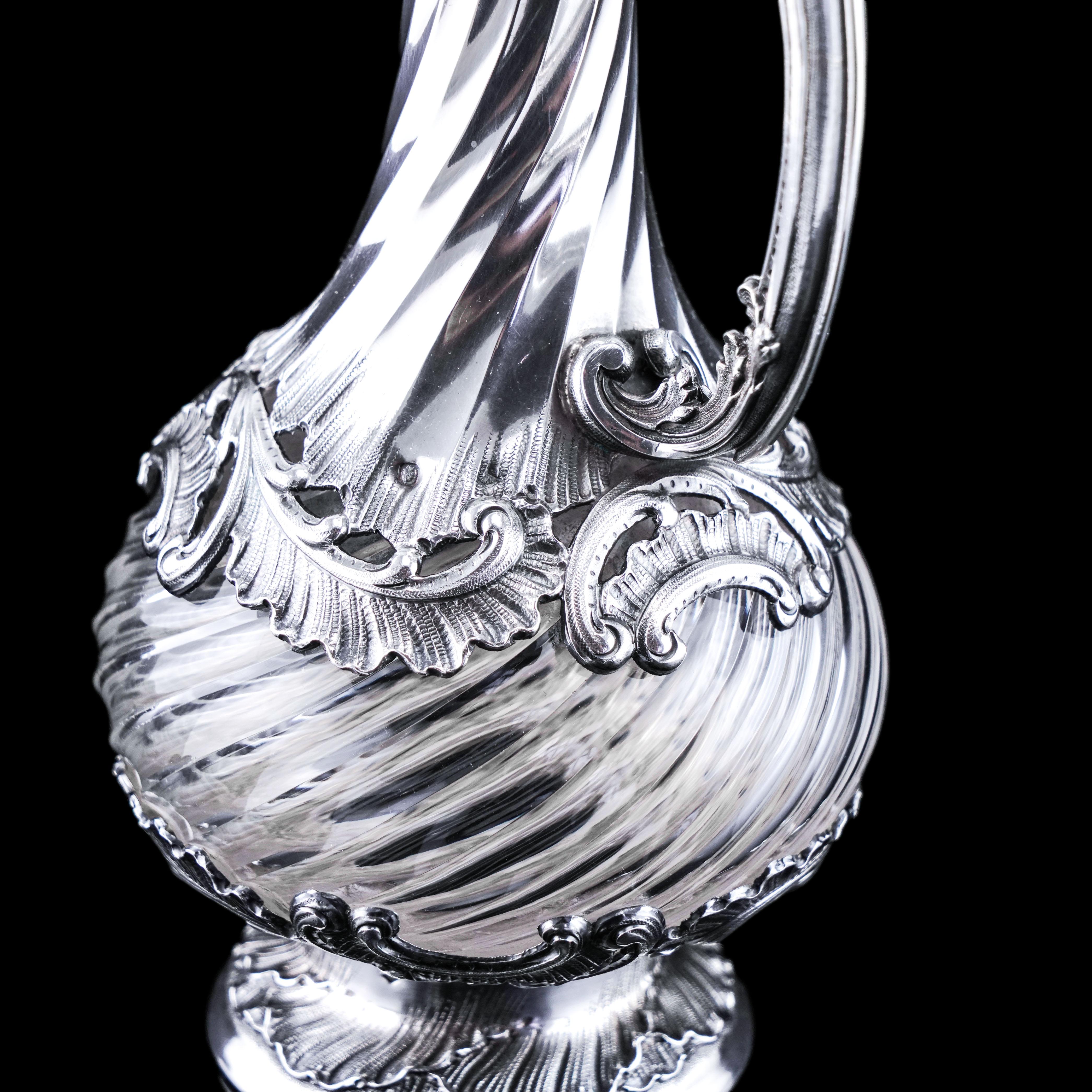 19th Century Antique French Solid Silver Ewer Glass Mounted, Rococo Shell Design Lancon 1880 For Sale