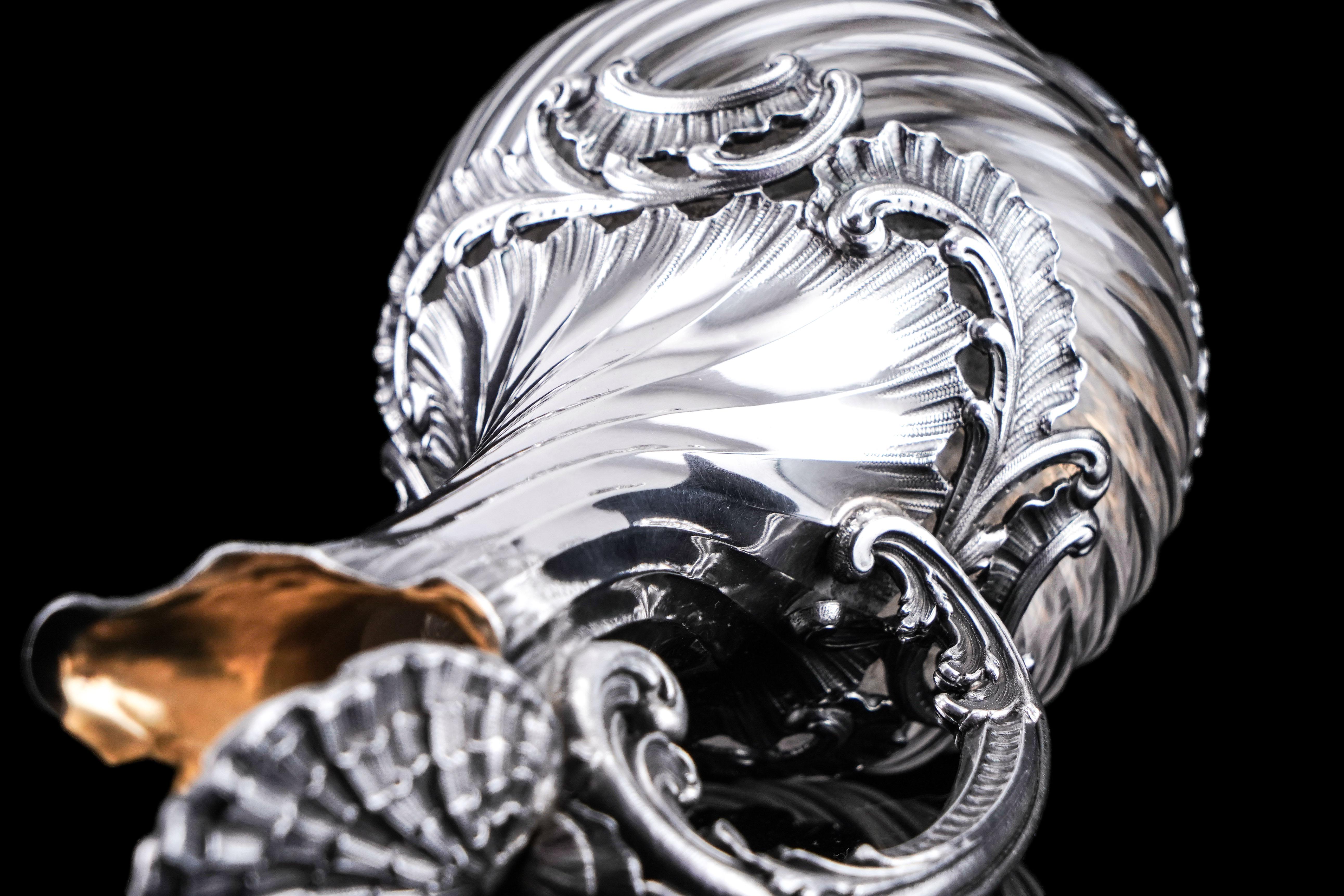 Antique French Solid Silver Ewer Glass Mounted, Rococo Shell Design Lancon 1880 For Sale 2