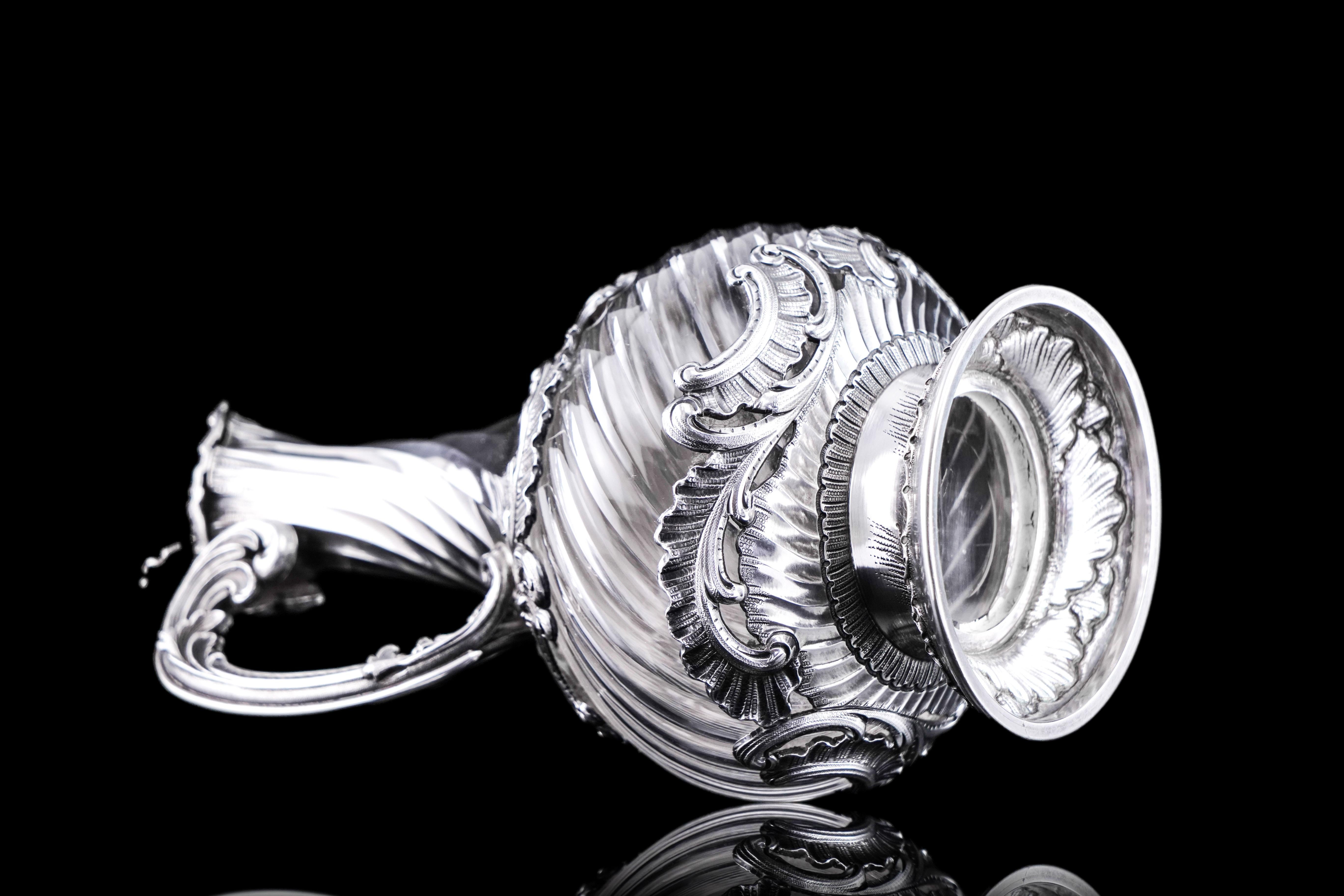 Antique French Solid Silver Ewer Glass Mounted, Rococo Shell Design Lancon 1880 For Sale 3