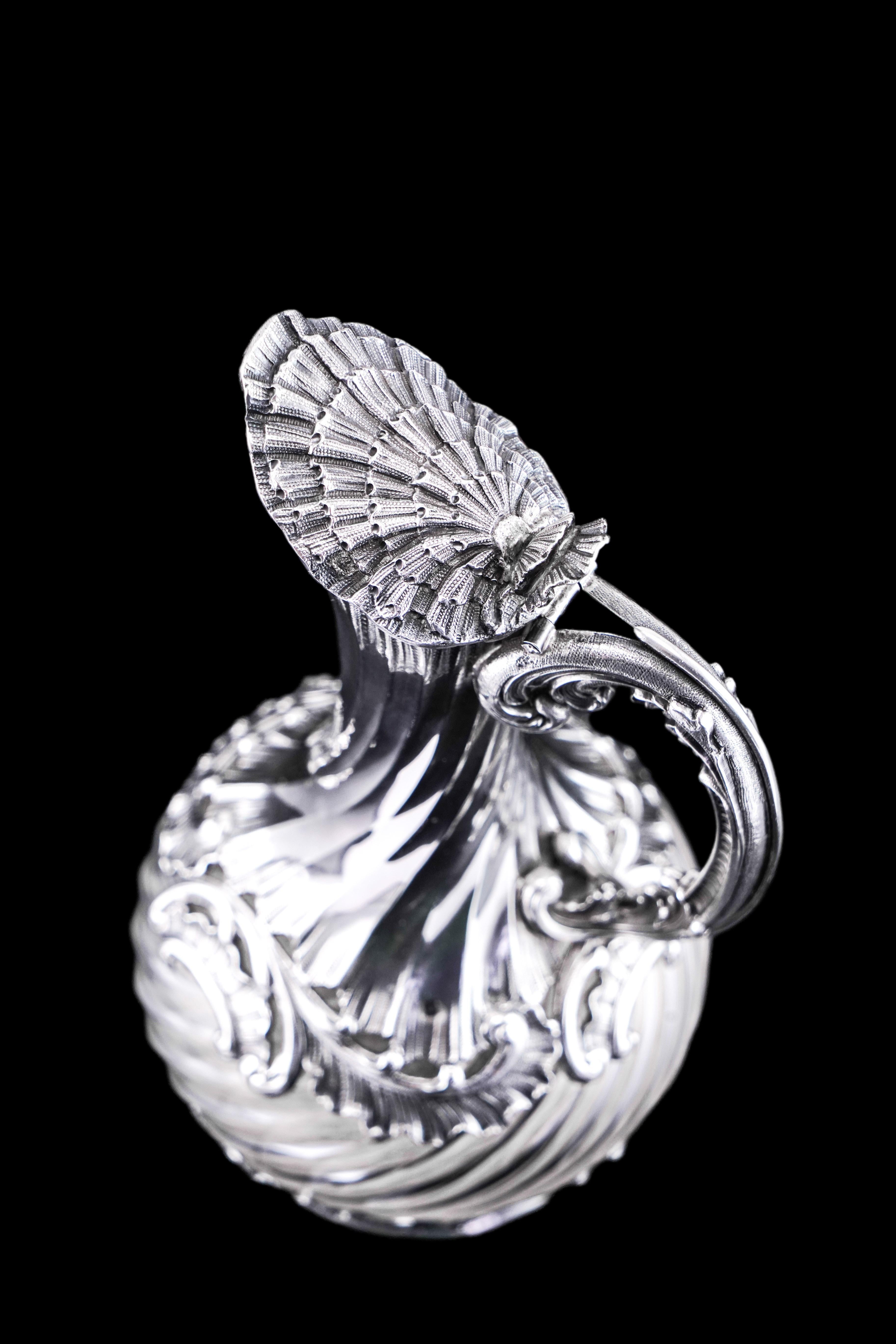 Antique French Solid Silver Ewer Glass Mounted, Rococo Shell Design Lancon 1880 For Sale 4