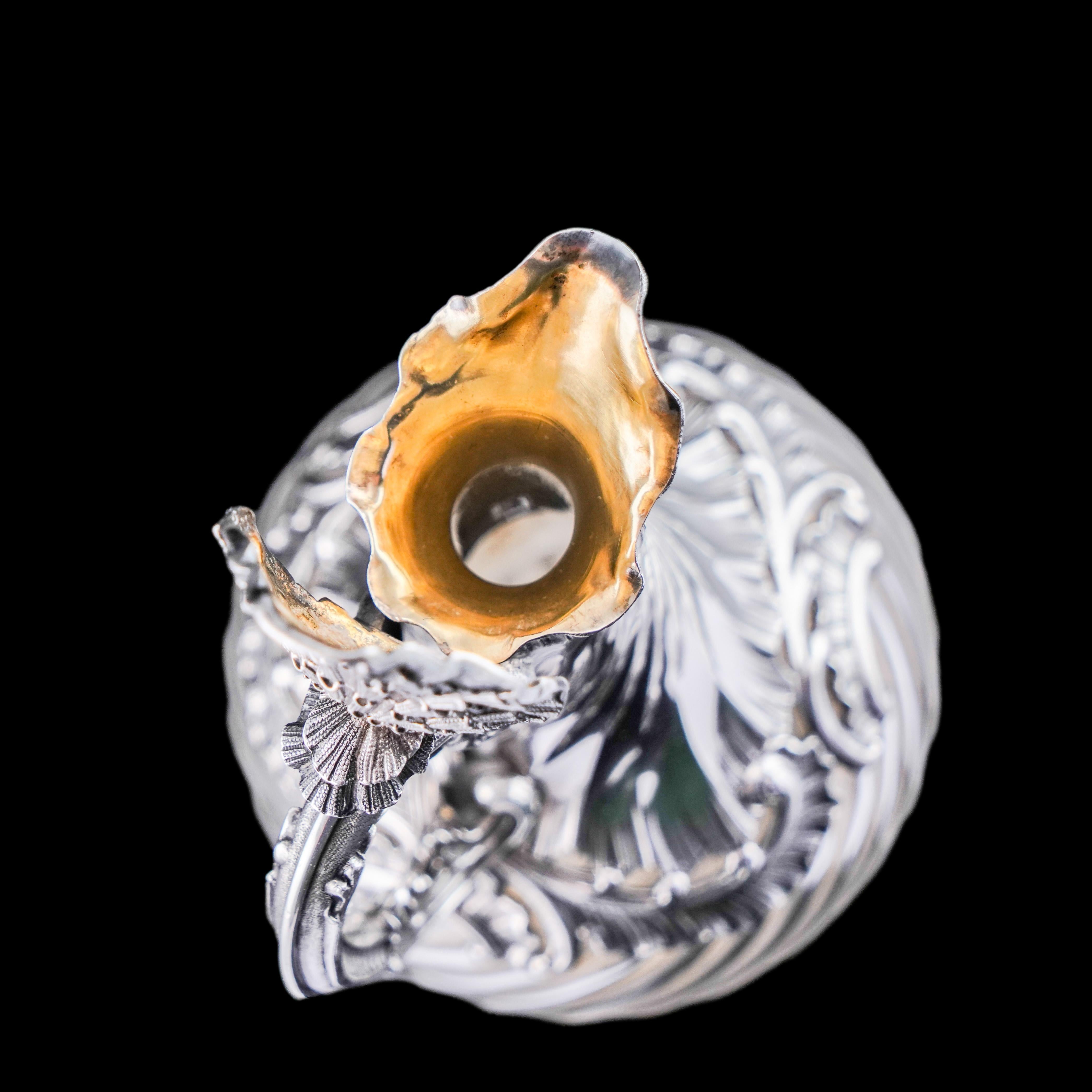 Antique French Solid Silver Ewer Glass Mounted, Rococo Shell Design Lancon 1880 For Sale 5