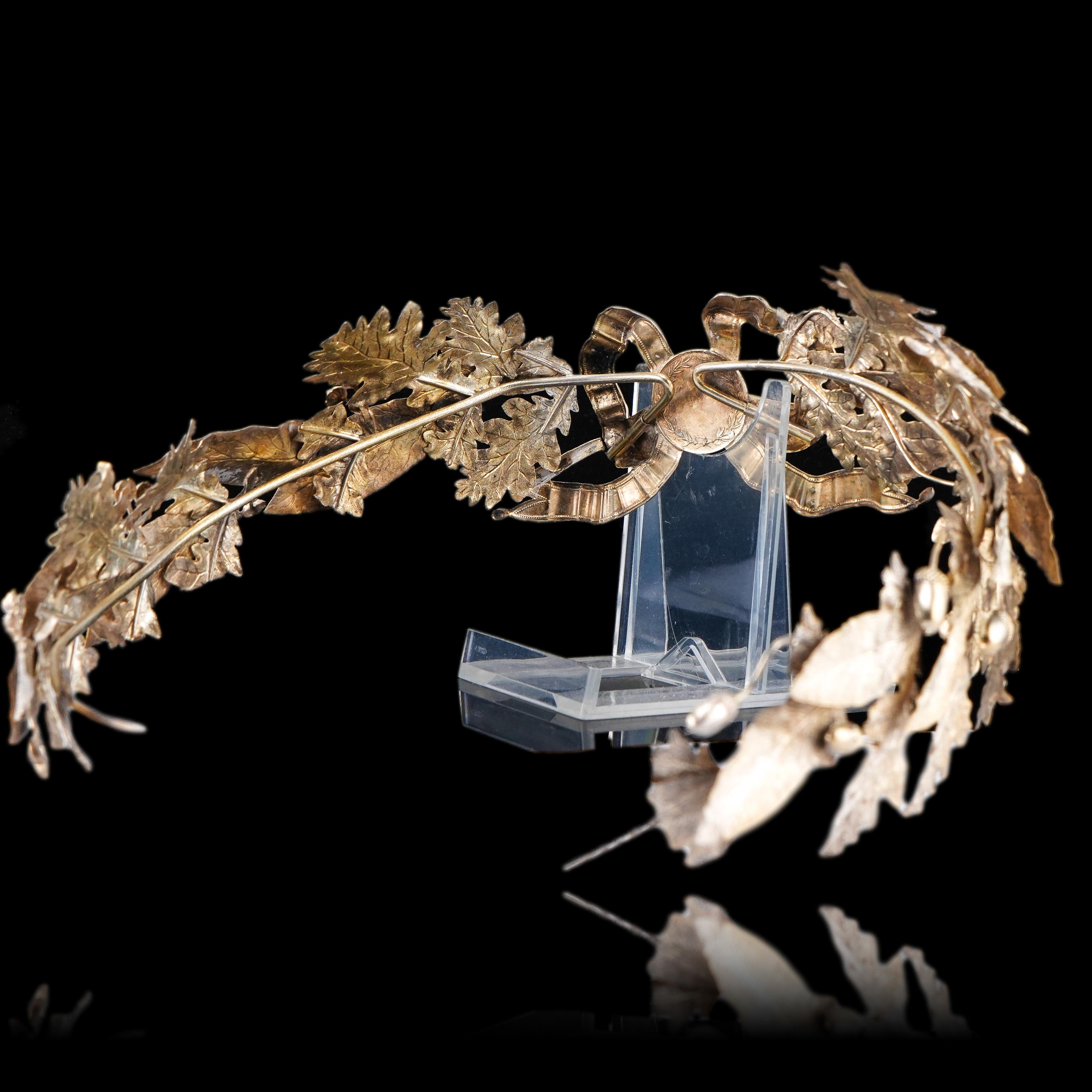 Antique French Solid Silver Gilt Crown Foliate Wreath Laurel/Acorn Leaves 19th c. in vendita 10