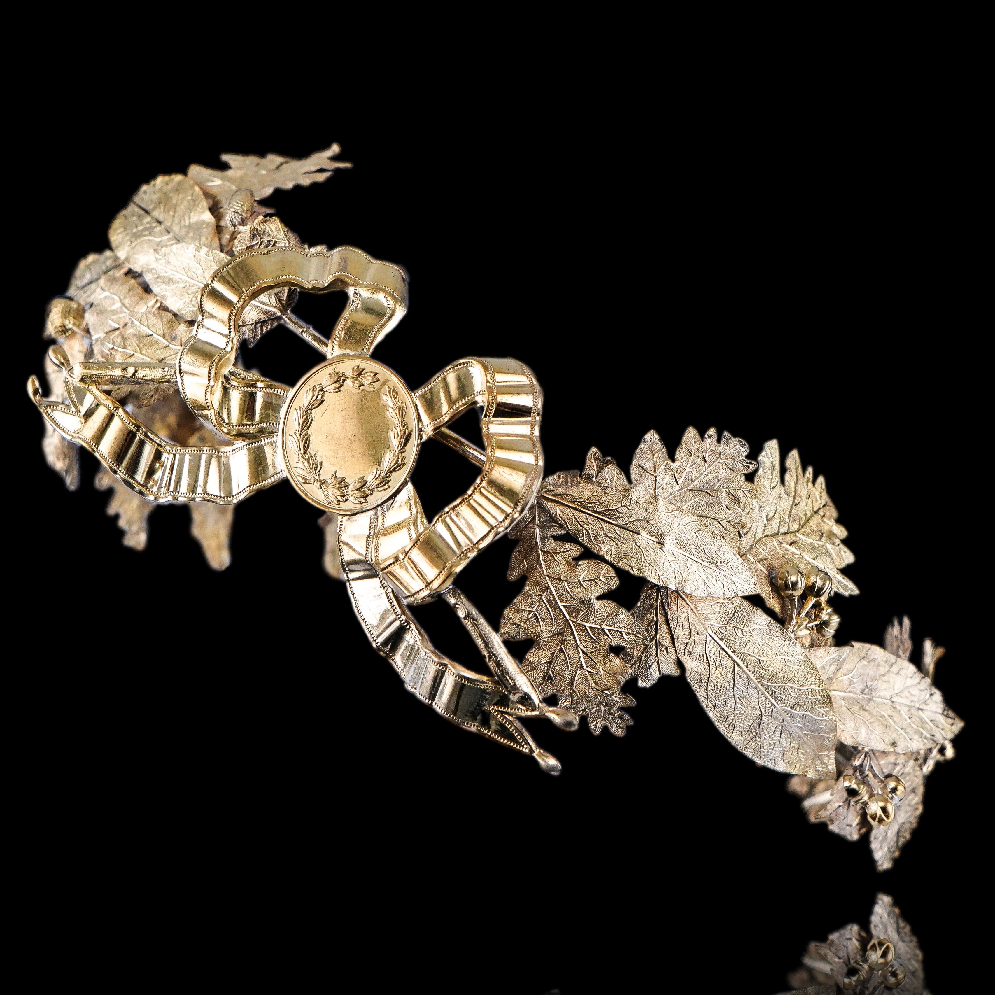Antique French Solid Silver Gilt Crown Foliate Wreath Laurel/Acorn Leaves 19th c. in vendita 12