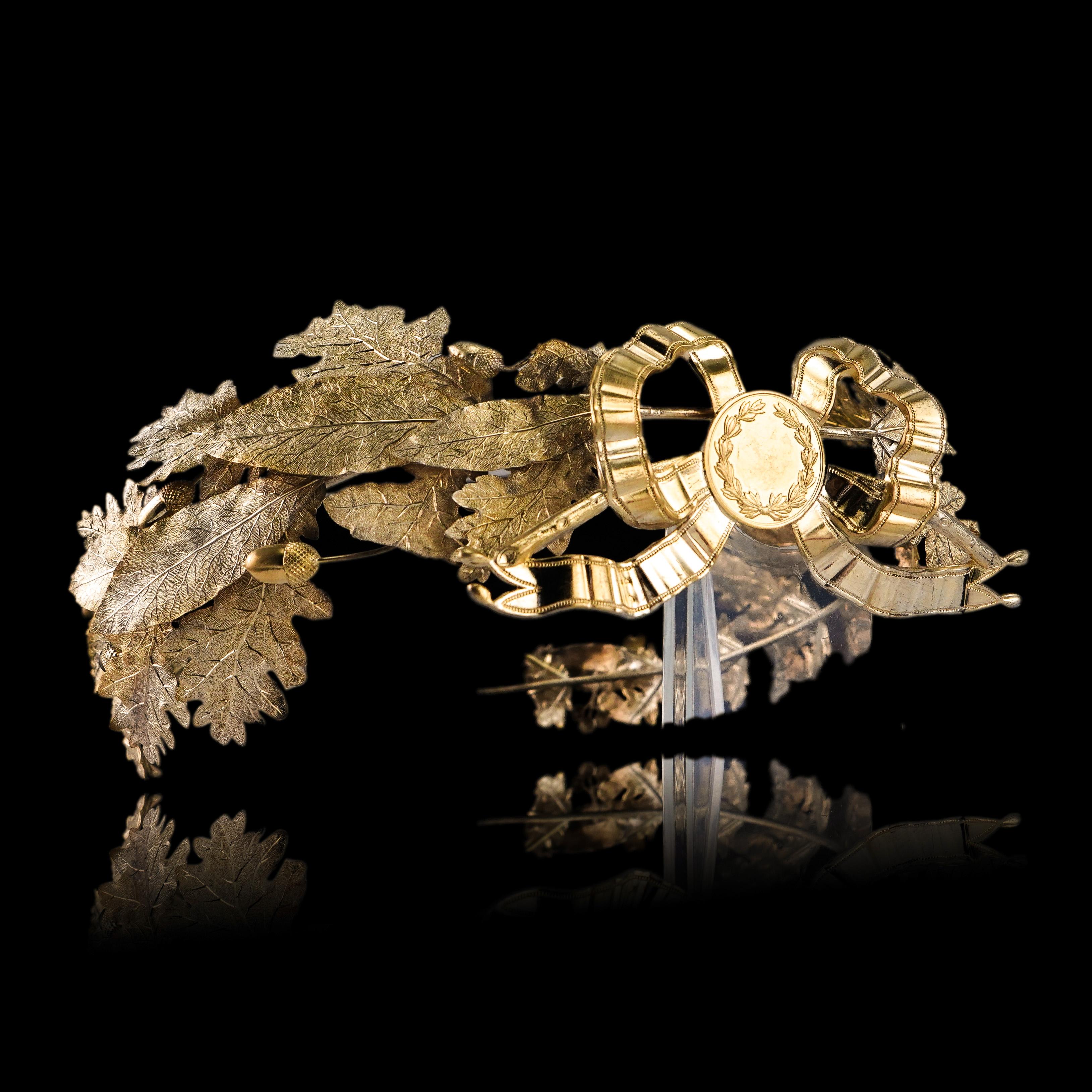 Antique French Solid Silver Gilt Crown Foliate Wreath Laurel/Acorn Leaves 19th c. In condizioni deteriorate in vendita a London, GB