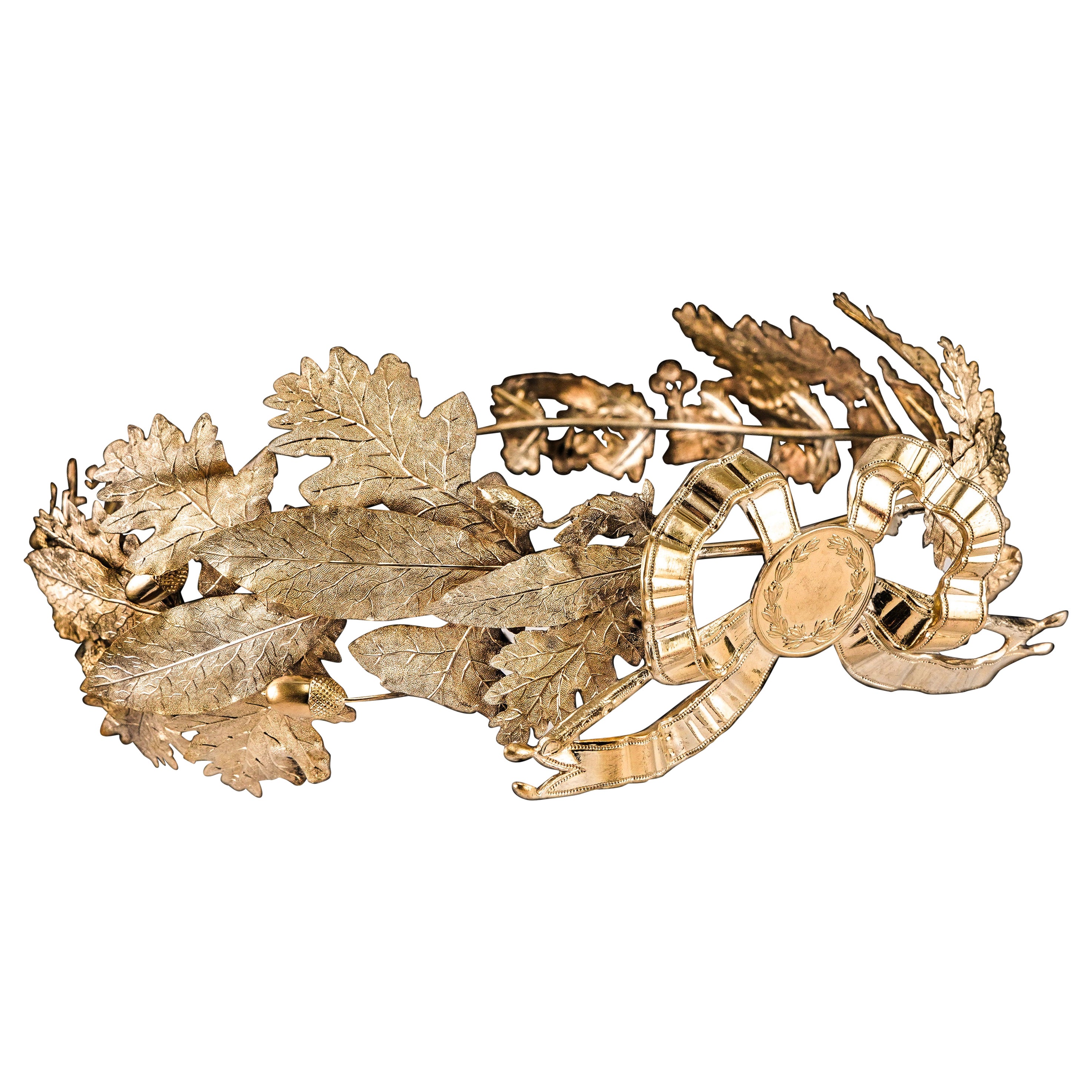 Antique French Solid Silver Gilt Crown Foliate Wreath Laurel/Acorn Leaves 19th c. in vendita
