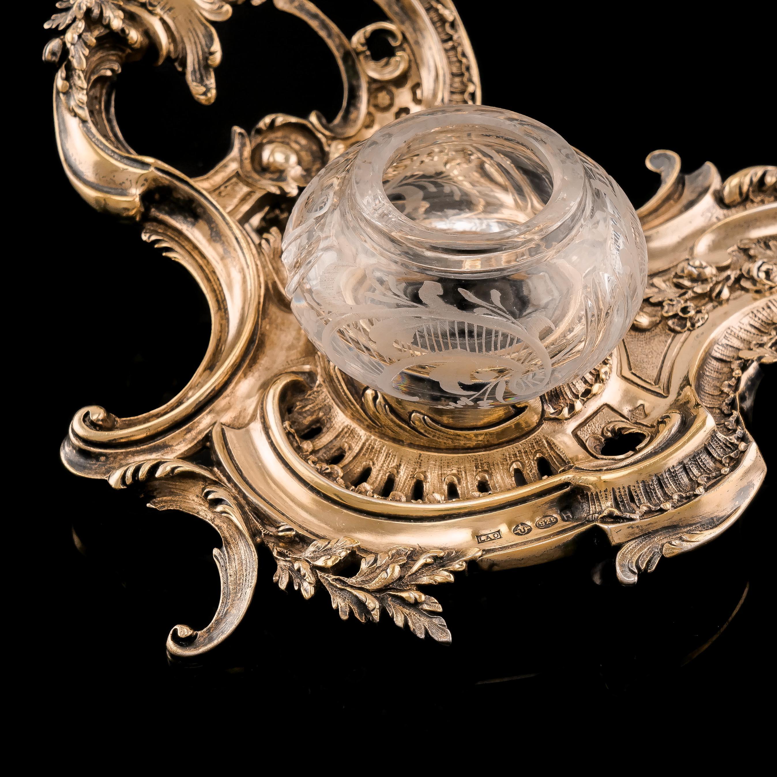 Antike Französisch massivem Silber vergoldet Rokoko-Stil Tintenfass / Stand, Emile Puiforcat im Angebot 3