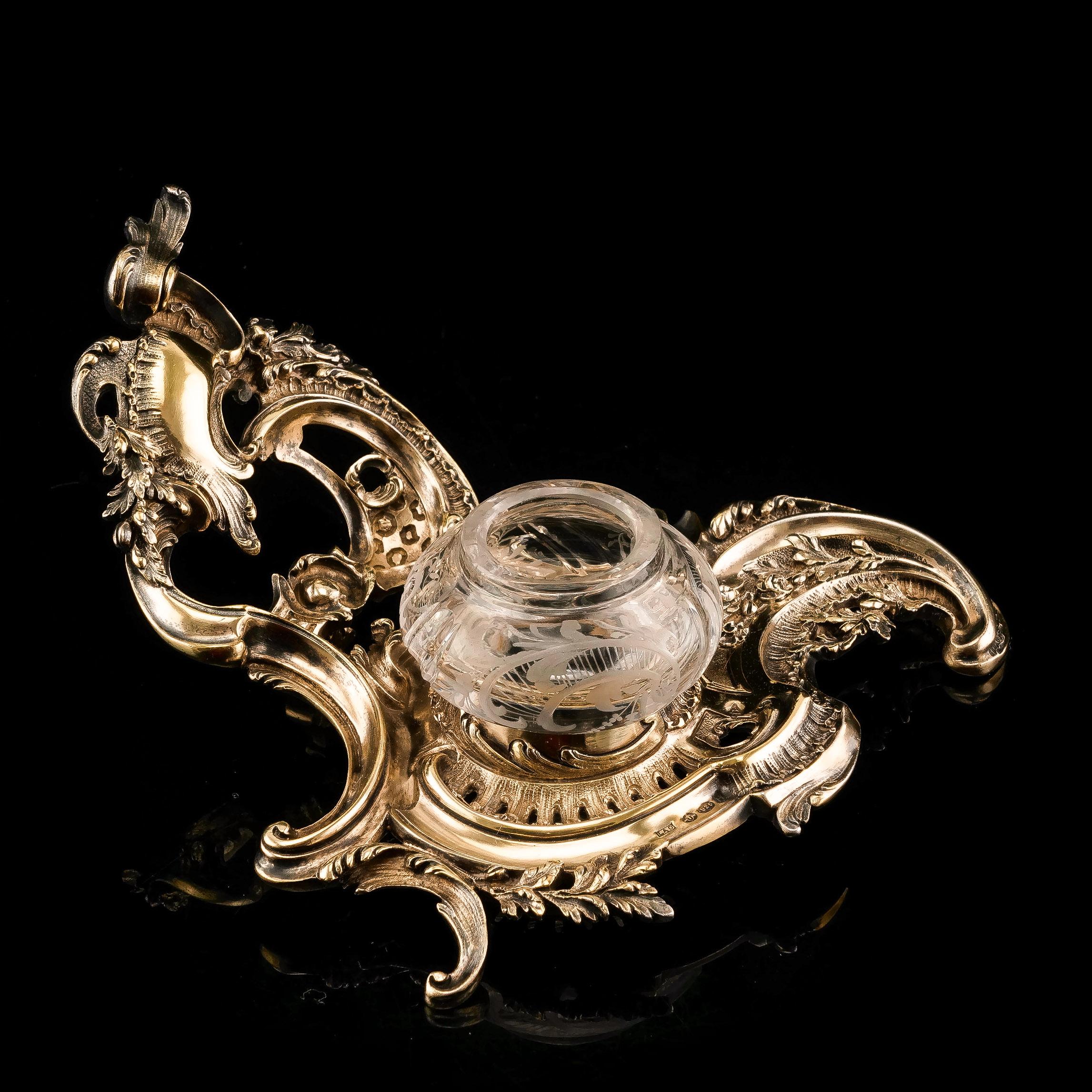Antique French Solid Silver Gilt Rococo Style Inkwell / Stand, Emile Puiforcat In Good Condition For Sale In London, GB