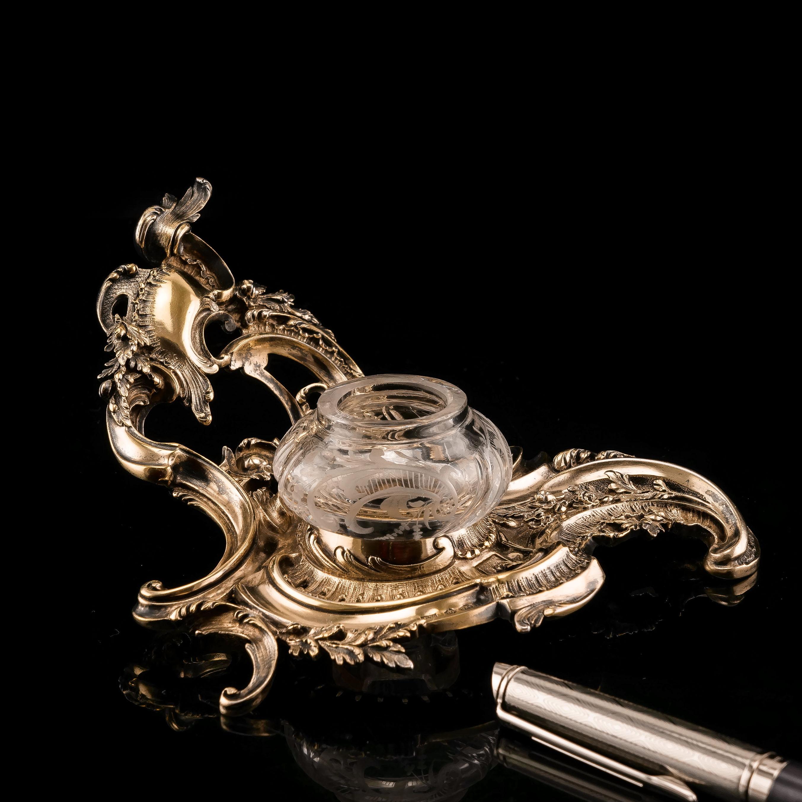 XIXe siècle Encrier / Stand ancien en argent massif doré de style Rococo, Emile Puiforcat en vente