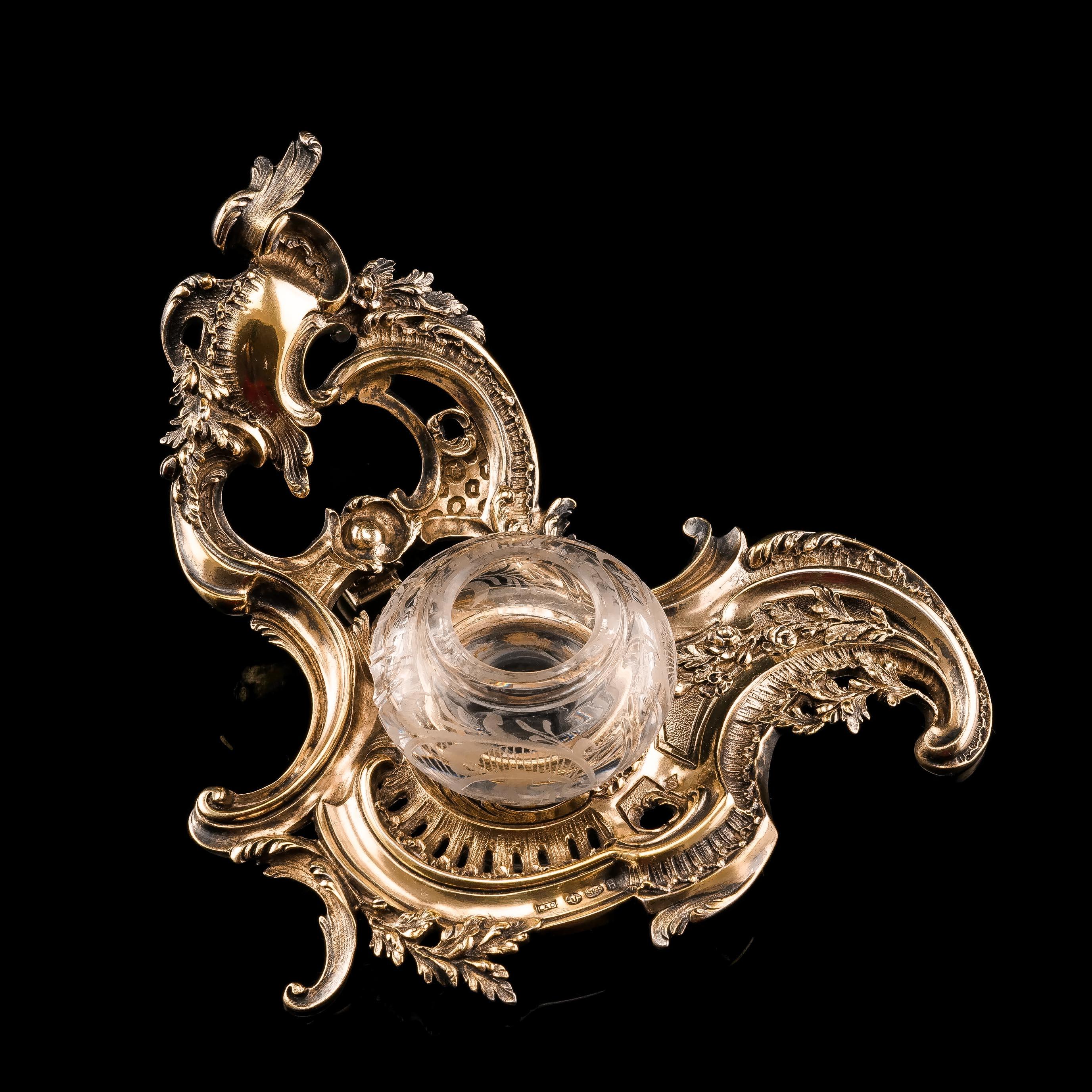 Antike Französisch massivem Silber vergoldet Rokoko-Stil Tintenfass / Stand, Emile Puiforcat im Angebot 1