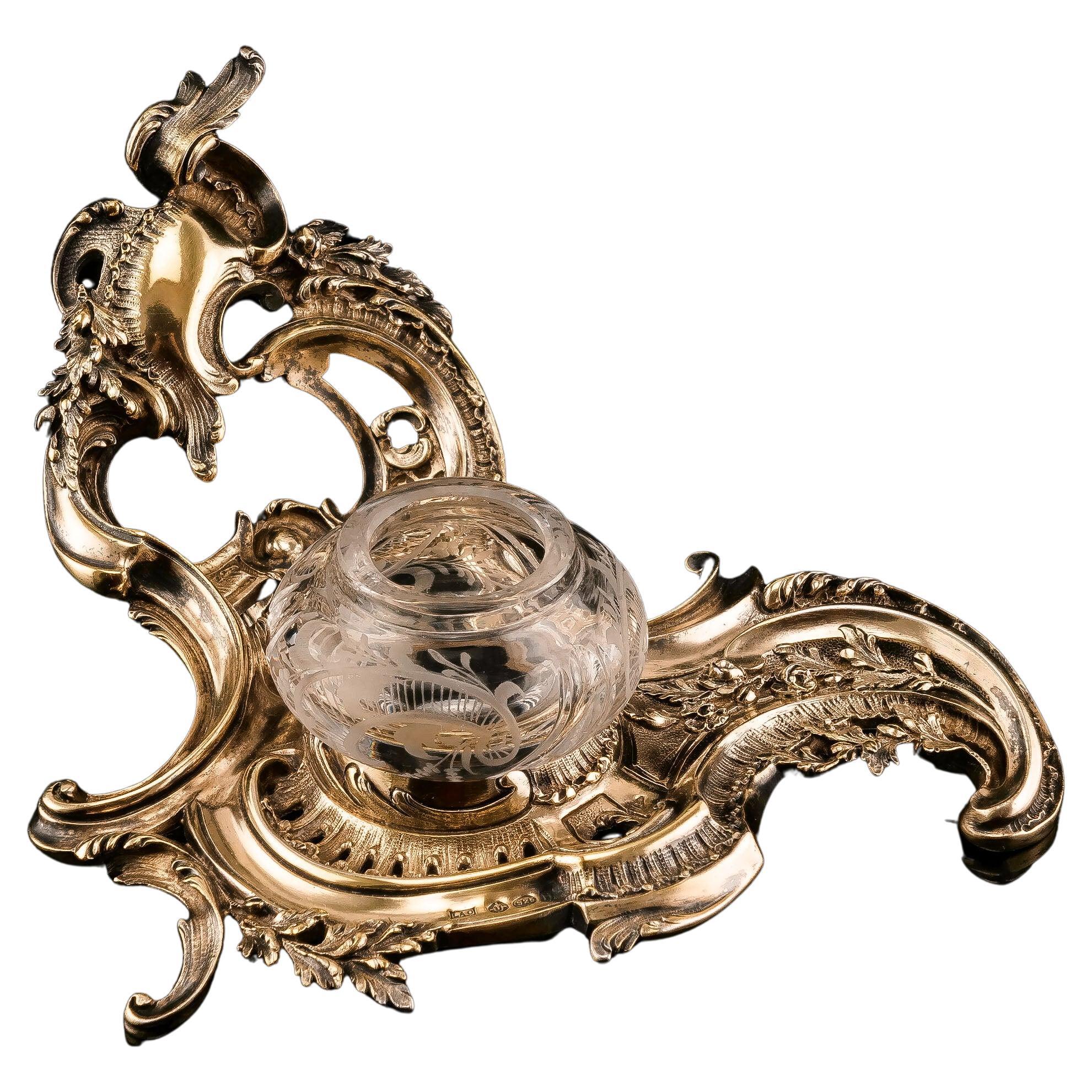 Antike Französisch massivem Silber vergoldet Rokoko-Stil Tintenfass / Stand, Emile Puiforcat im Angebot
