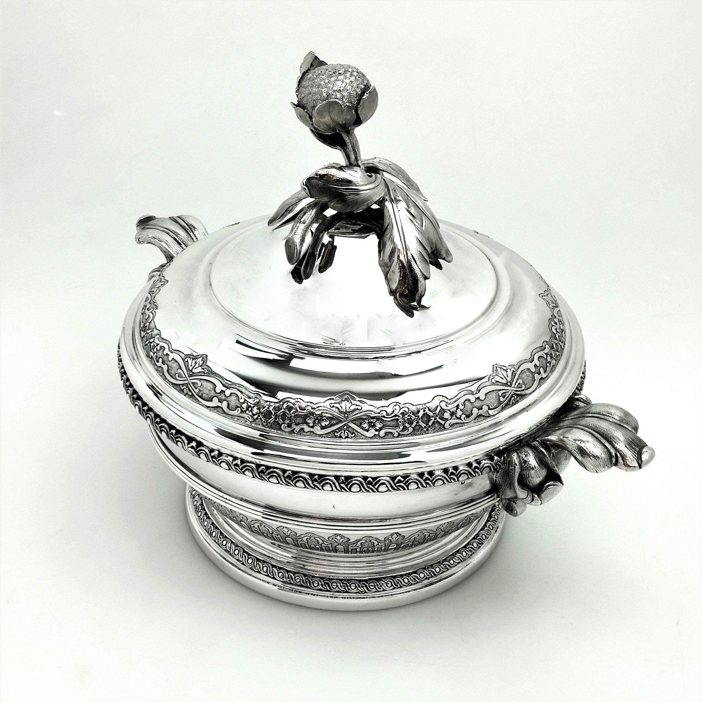 19th Century Antique French Solid Silver Soup Tureen on Stand circa 1890 Platter Cardeilhac