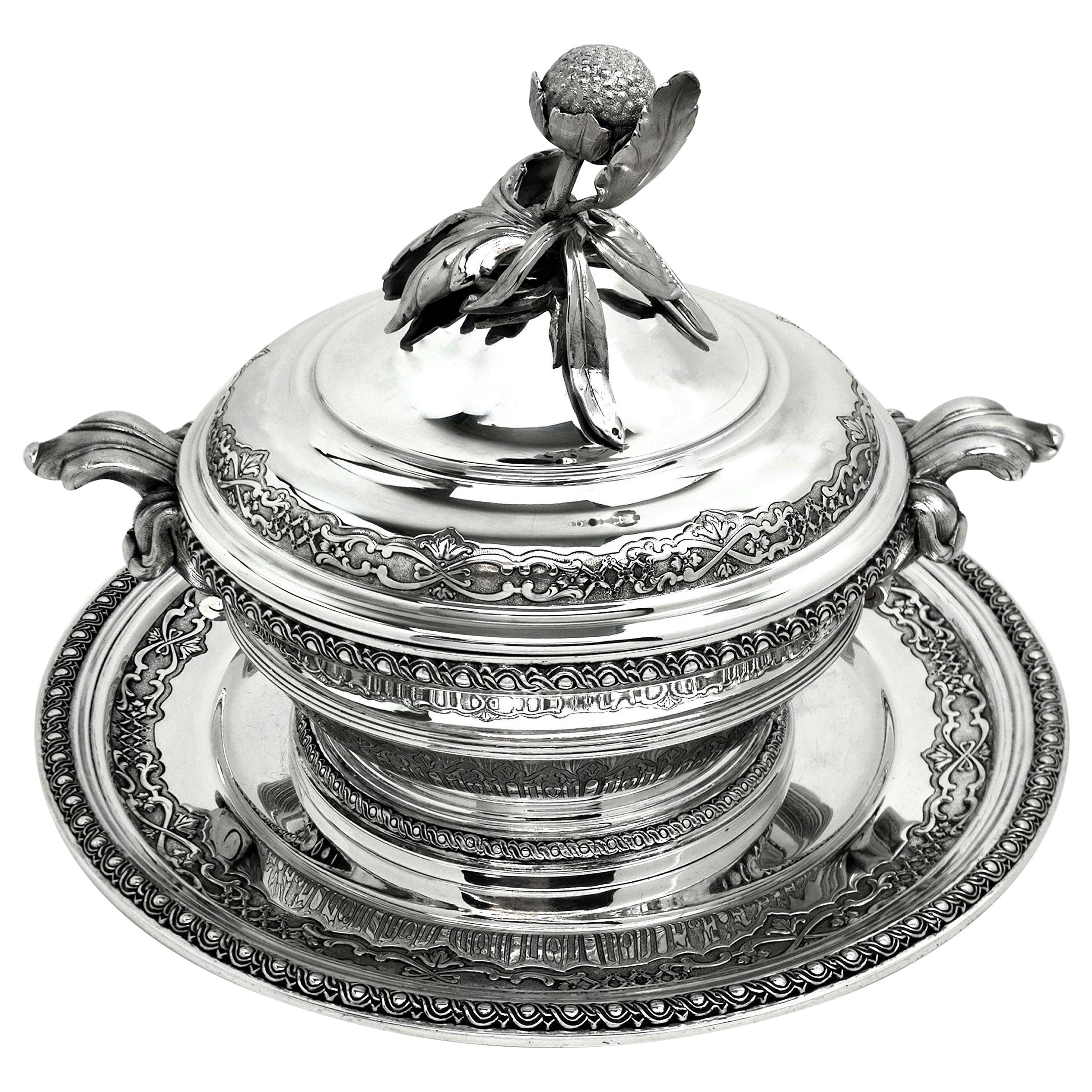 Antique French Solid Silver Soup Tureen on Stand circa 1890 Platter Cardeilhac