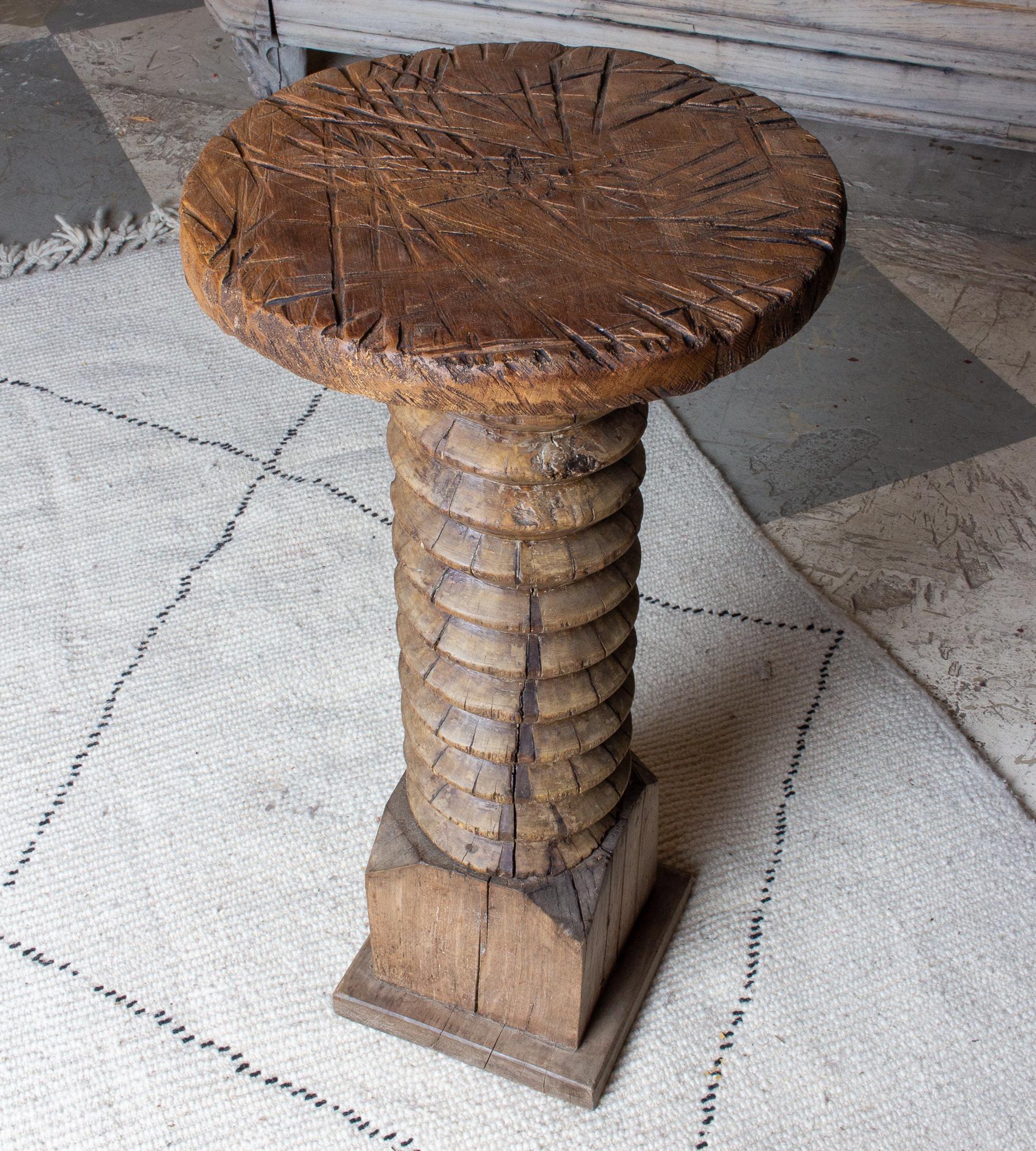 Antique French Solid Wood Tourniquet Pedestal Table In Distressed Condition In Houston, TX