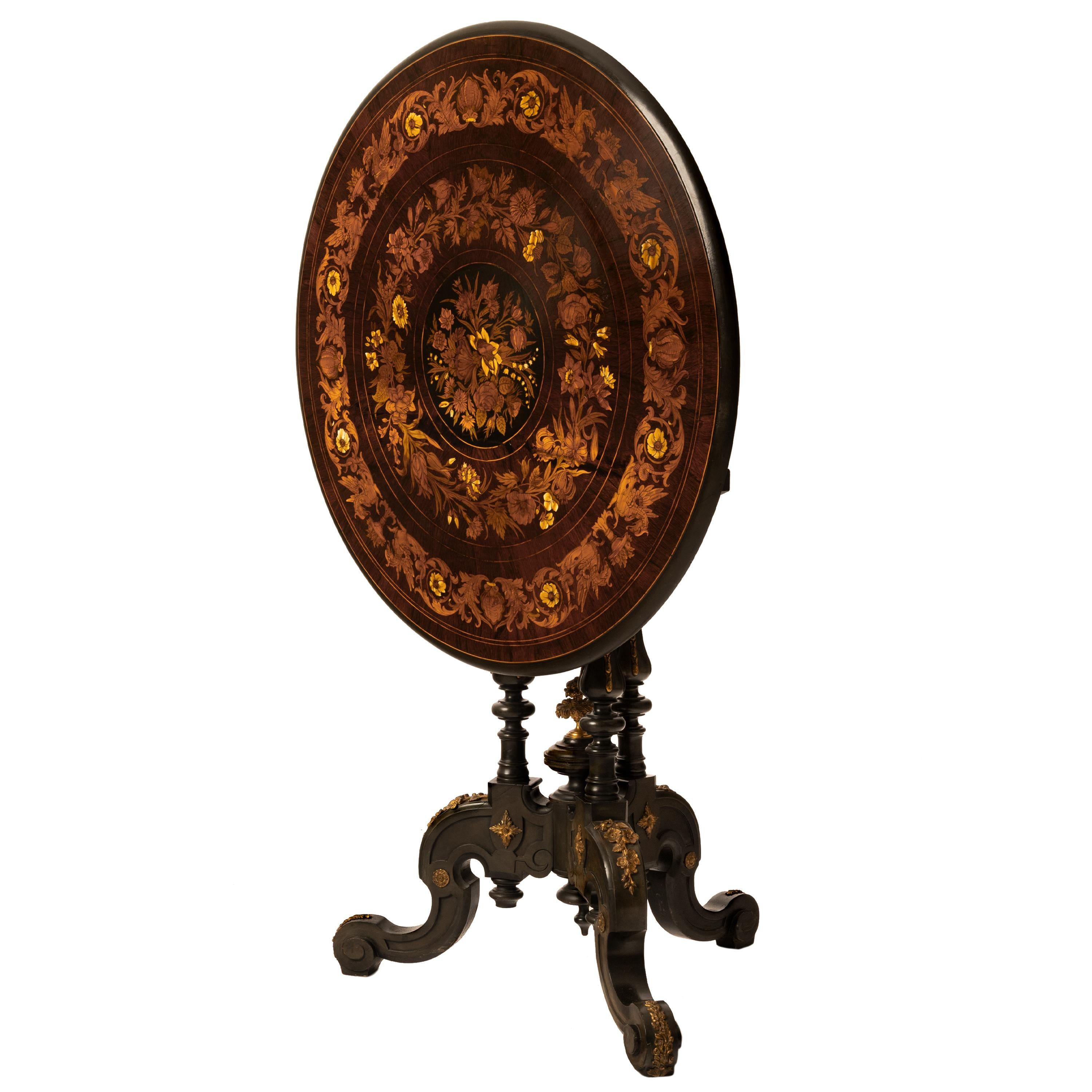 Walnut Antique French Specimen Wood Louis XV Marquetry Ormolu Round Tilt-Top Table 1870 For Sale