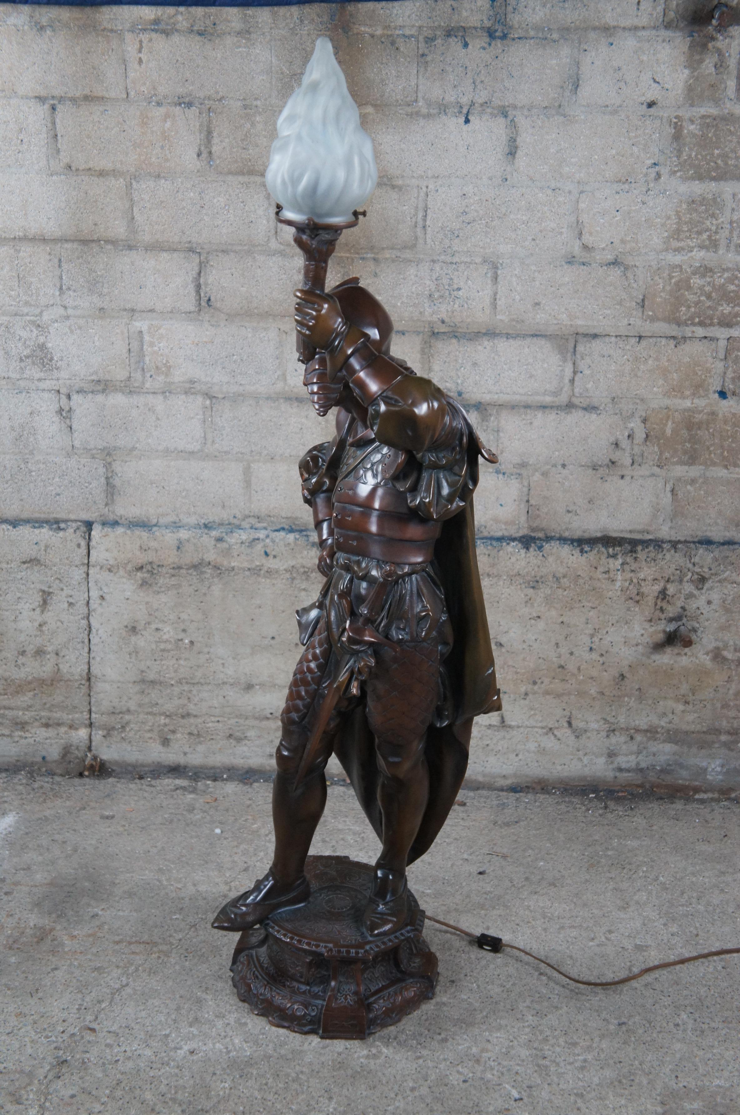 Antique French Spelter Bronze Medieval Warrior Newel Post Lamp Statue Torch 48