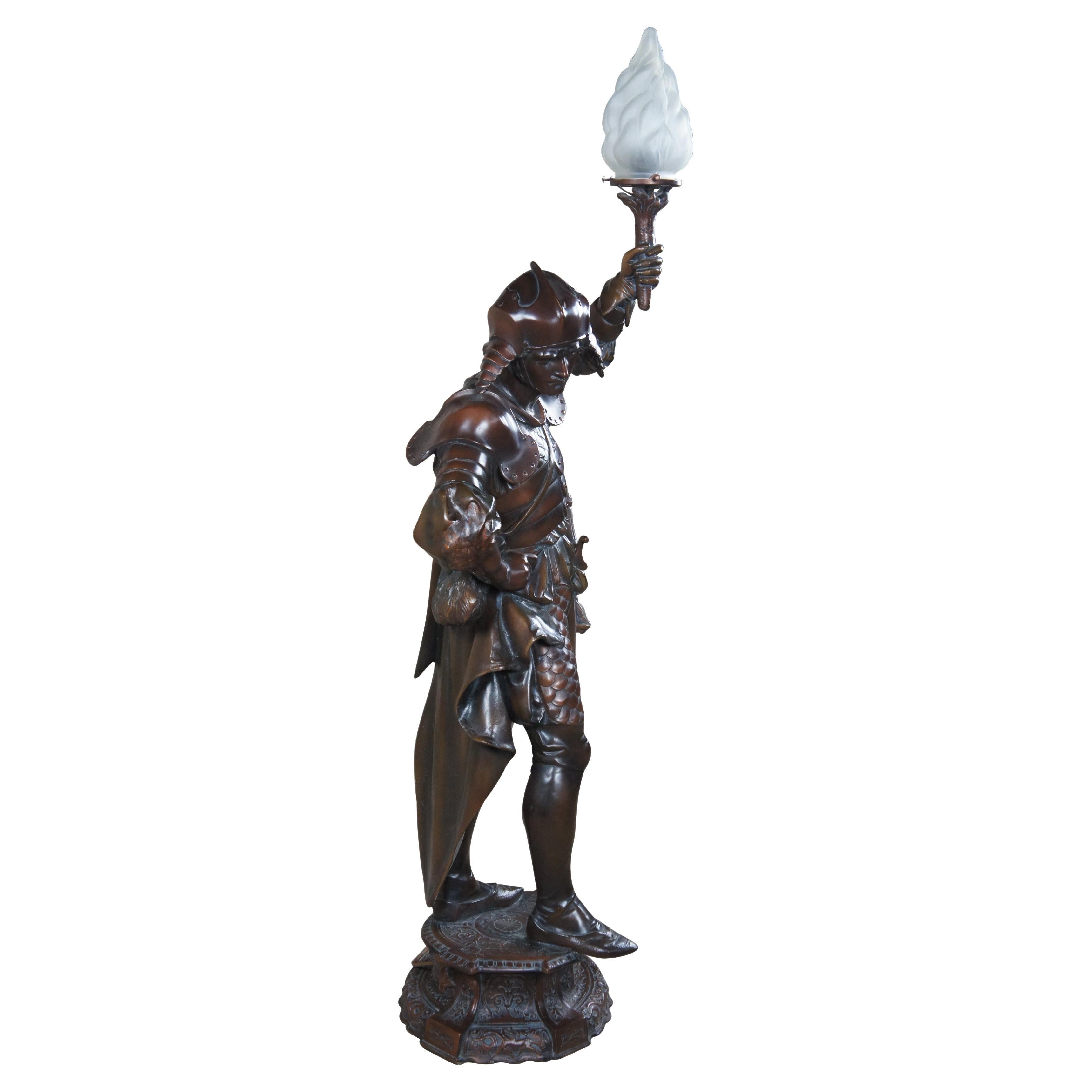 Antique French Spelter Bronze Medieval Warrior Newel Post Lamp Statue Torch 48" For Sale