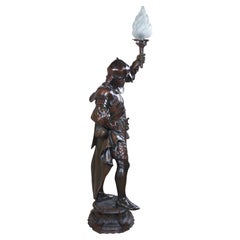 Antique French Spelter Bronze Medieval Warrior Newel Post Lamp Statue Torch 48"