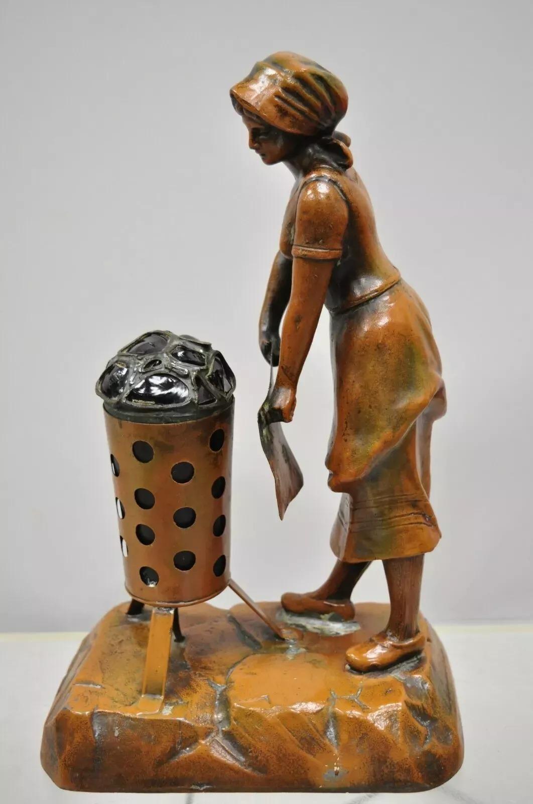 Antique French Spelter Metal Figural Woman by Coal Fire Statue Lamp attr Raineri in vendita 5