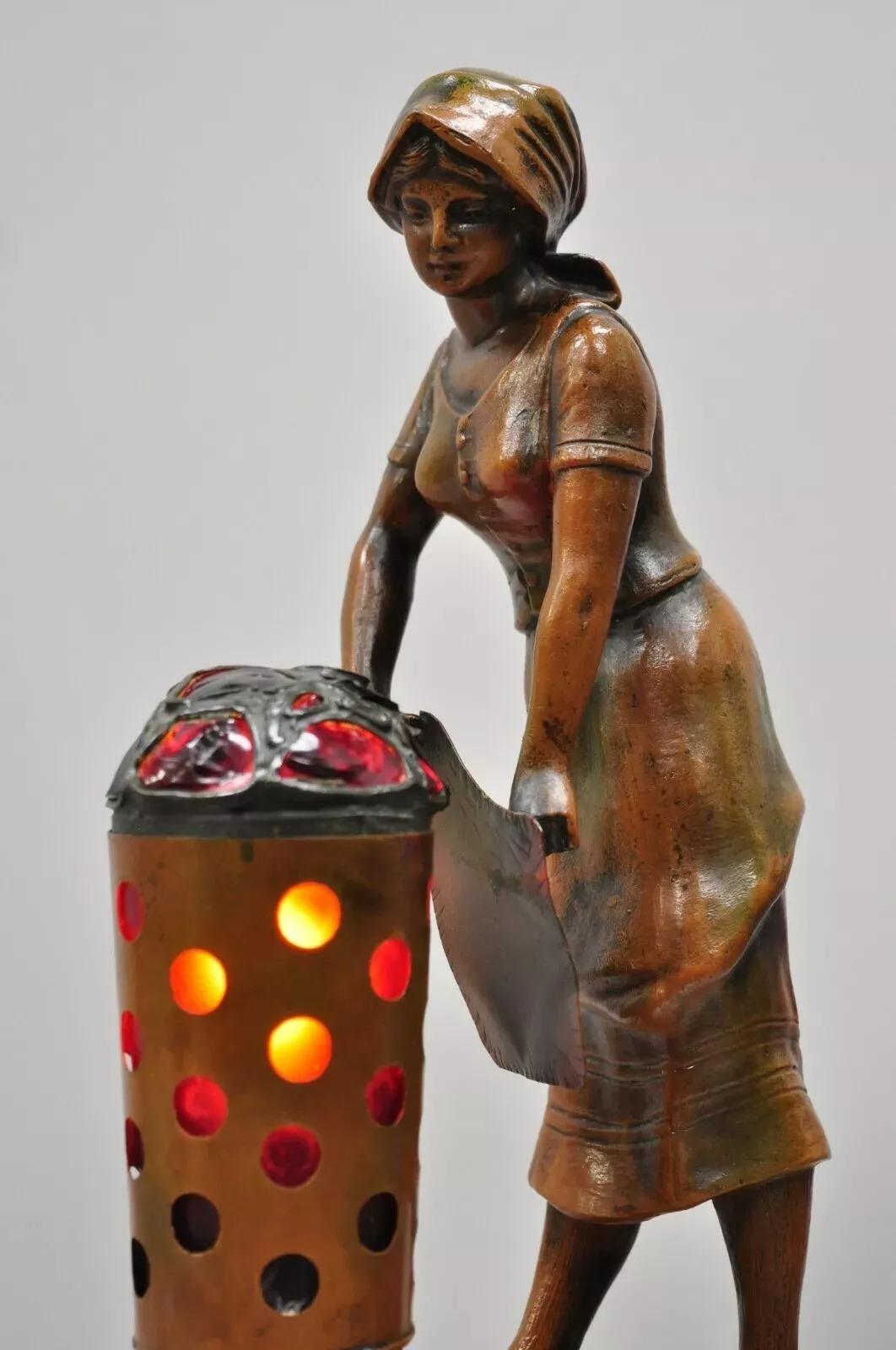 Art Déco Antique French Spelter Metal Figural Woman by Coal Fire Statue Lamp attr Raineri in vendita