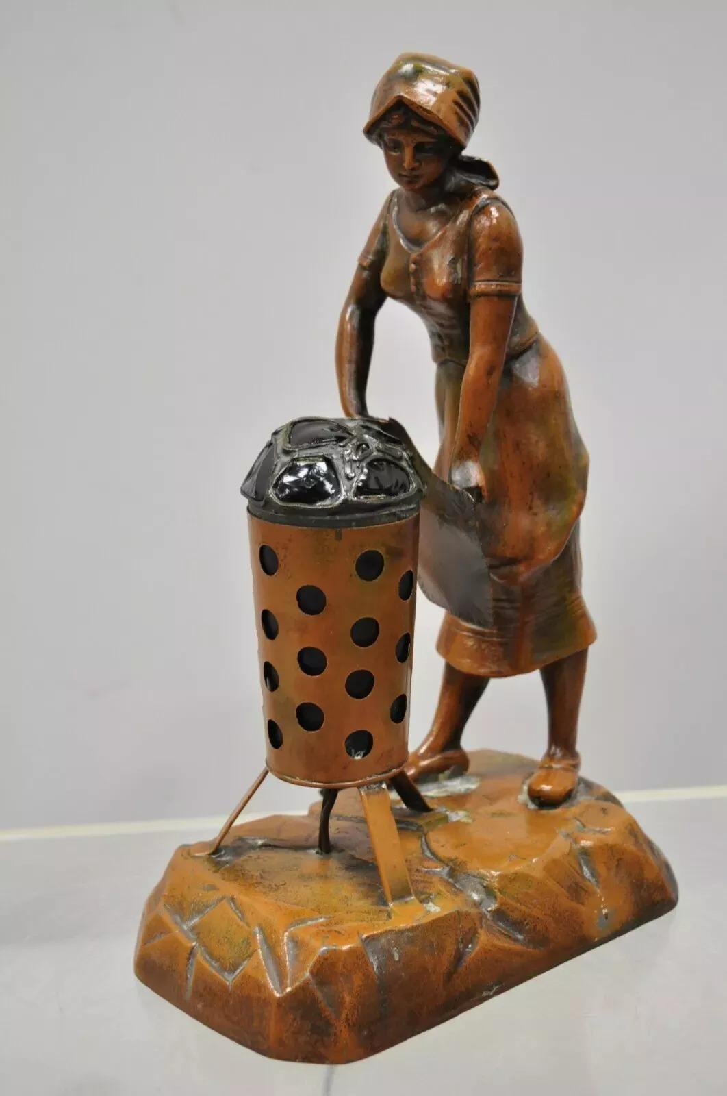 Antique French Spelter Metal Figural Woman by Coal Fire Statue Lamp attr Raineri In condizioni buone in vendita a Philadelphia, PA