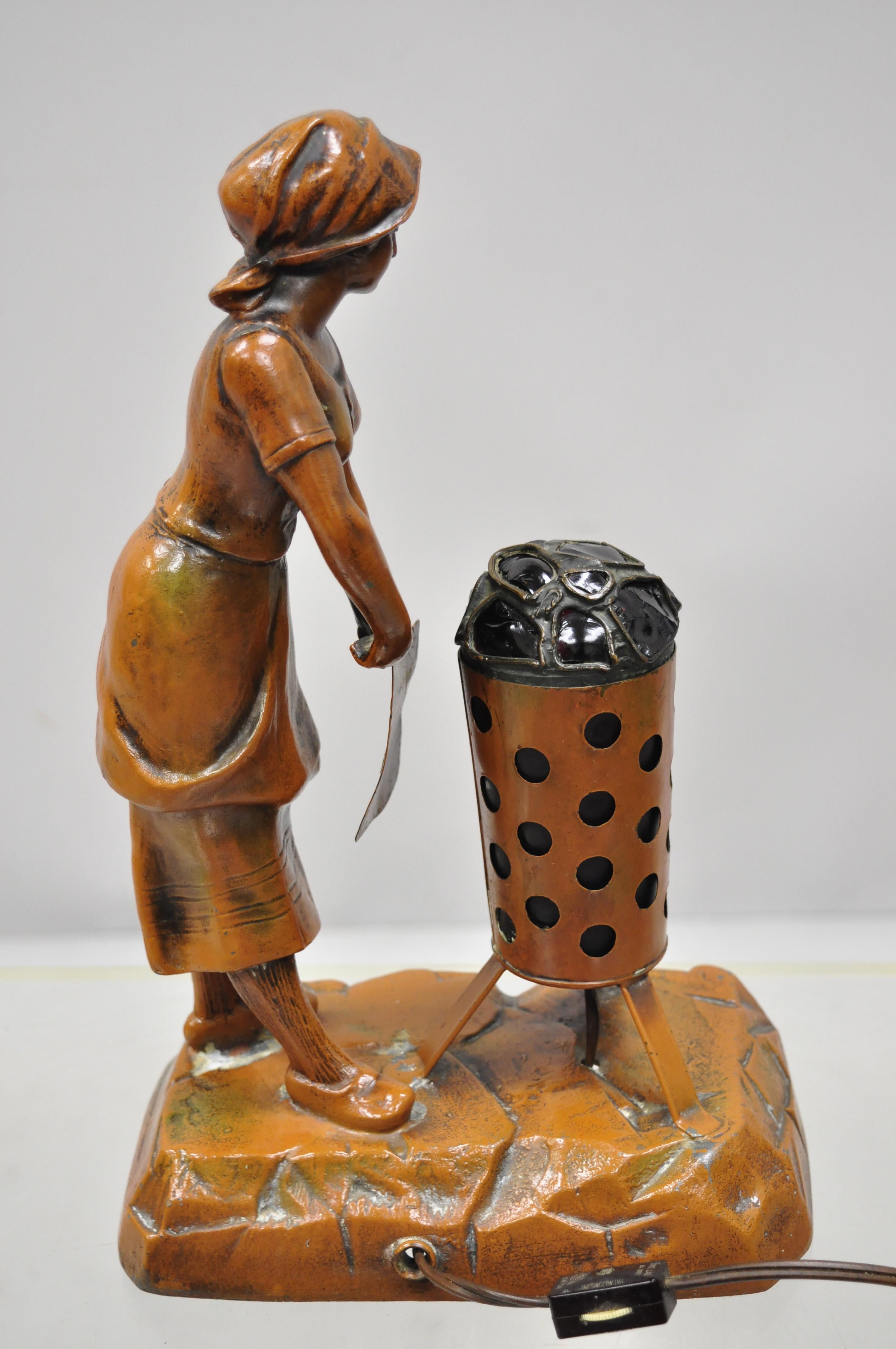 Französisch Spelter Metall Figural Frau von Kohle Feuer Statue Lampe zugeschrieben Raineri im Angebot 2