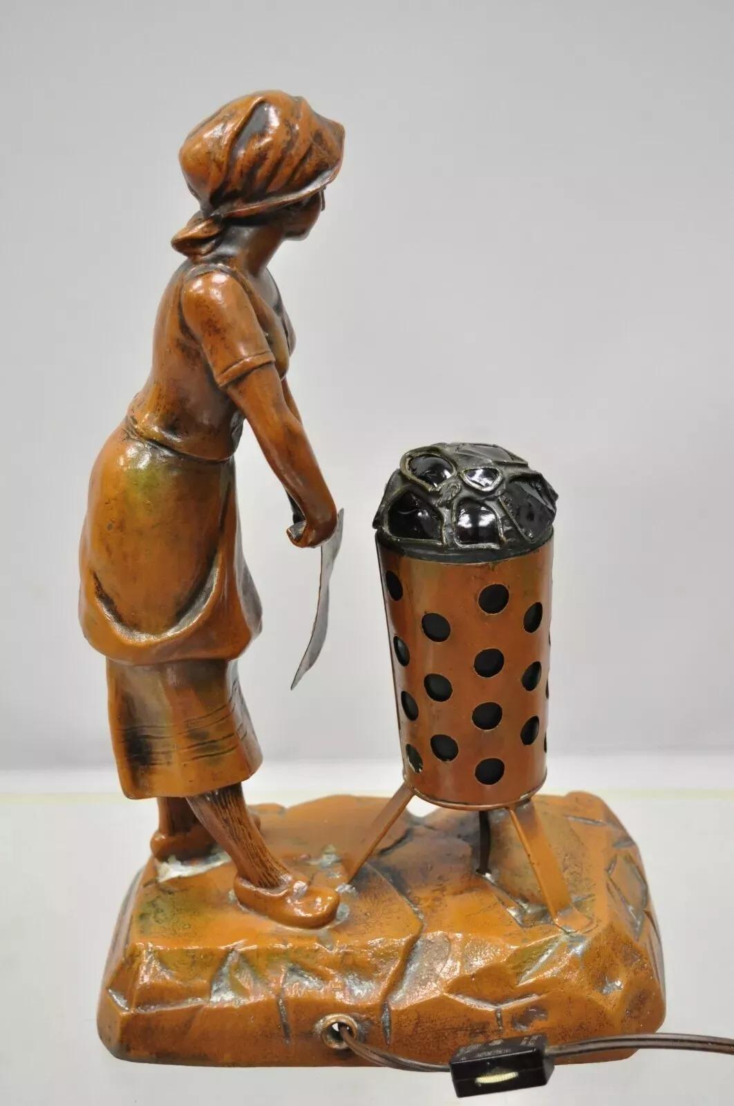 Antique French Spelter Metal Figural Woman by Coal Fire Statue Lamp attr Raineri in vendita 1