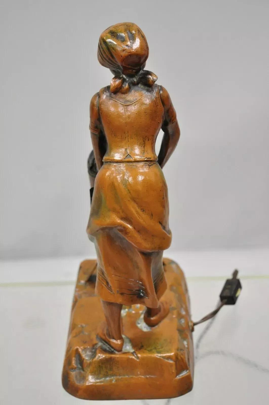 Antique French Spelter Metal Figural Woman by Coal Fire Statue Lamp attr Raineri in vendita 2