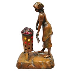 Antique French Spelter Metal Figural Woman by Coal Fire Statue Lamp attr Raineri