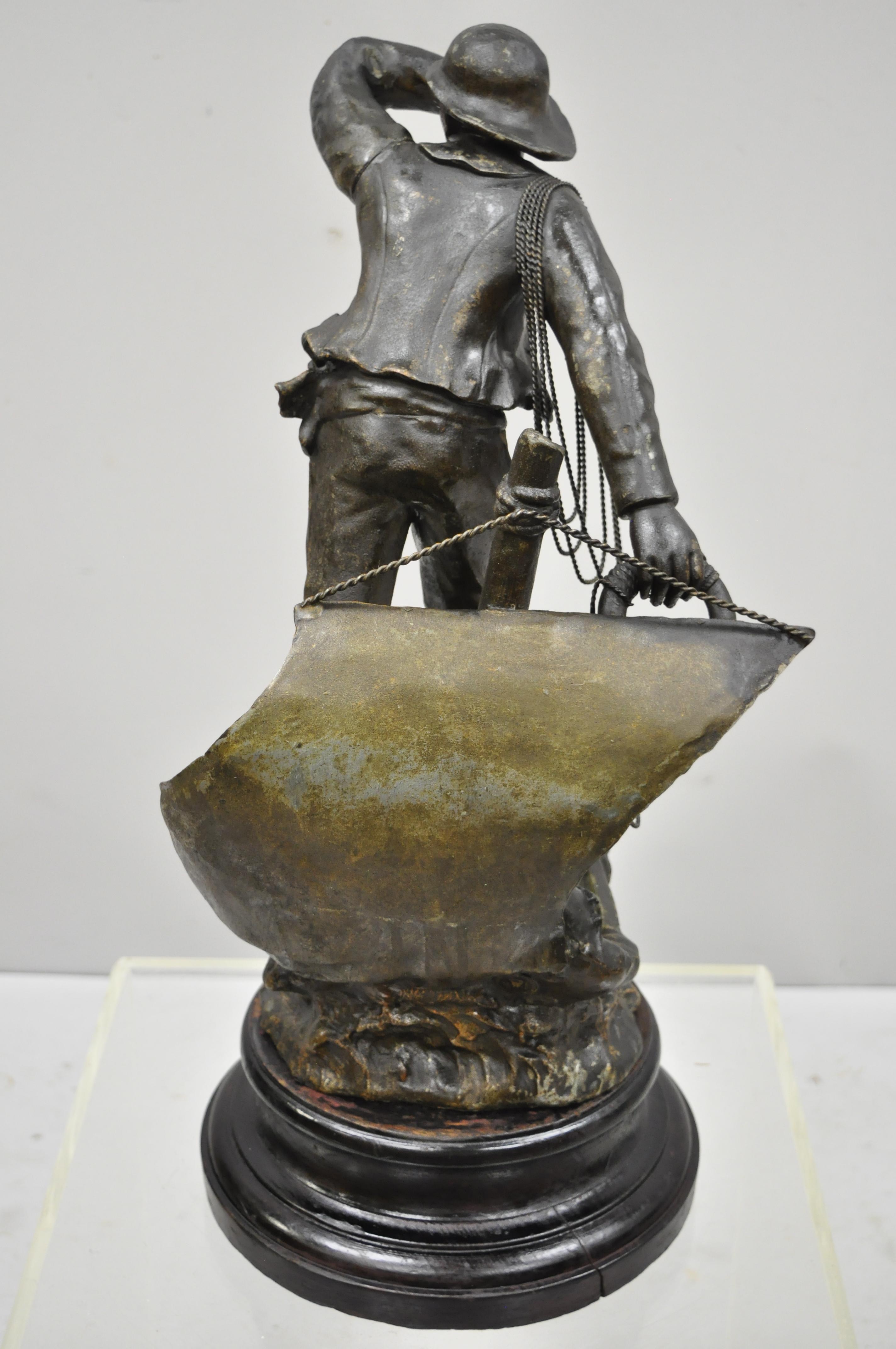 Antique French Spelter Metal Sailor Watchman on Ship Wooden Base, Made in France For Sale 3