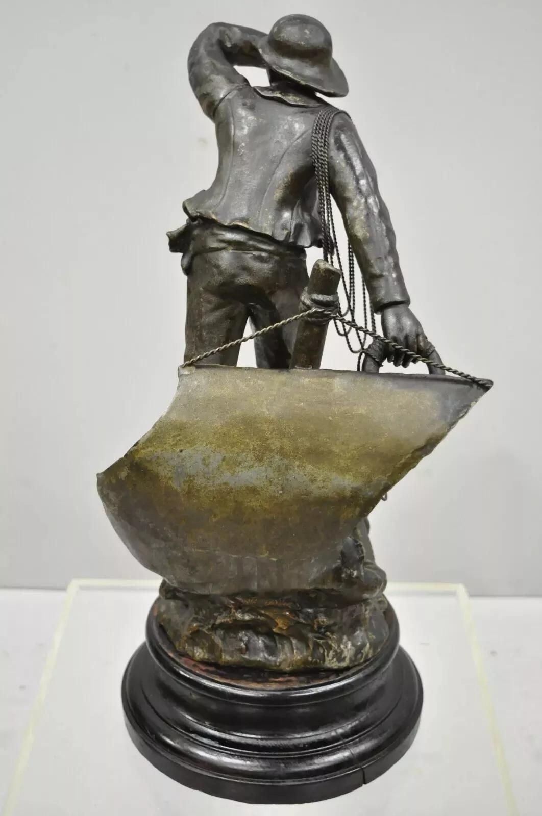 Antique French Spelter Metal Sailor Watchman on Ship Wooden Base, Made in France For Sale 4