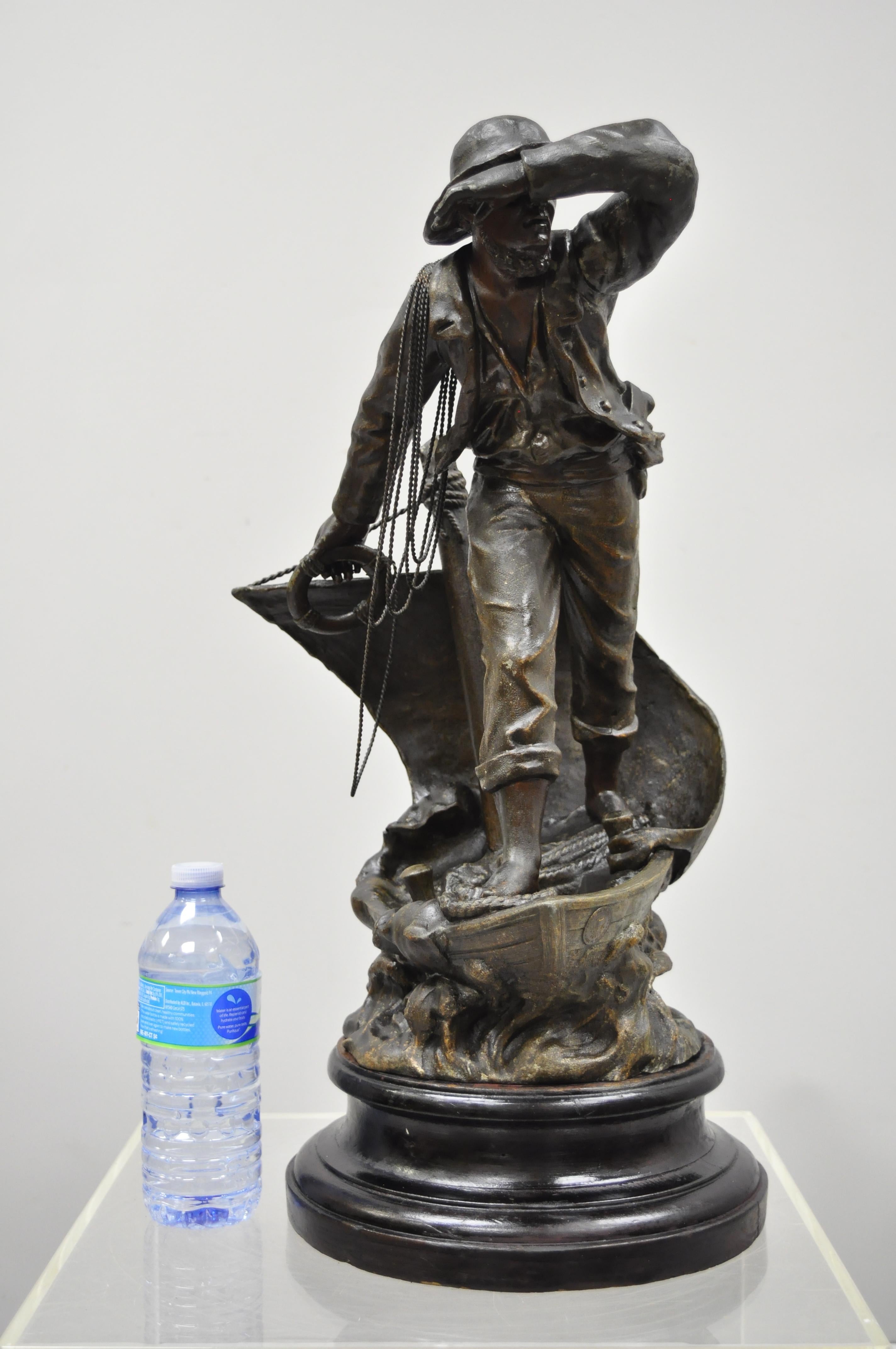 Antique French Spelter Metal Sailor Watchman on Ship Wooden Base, Made in France For Sale 5