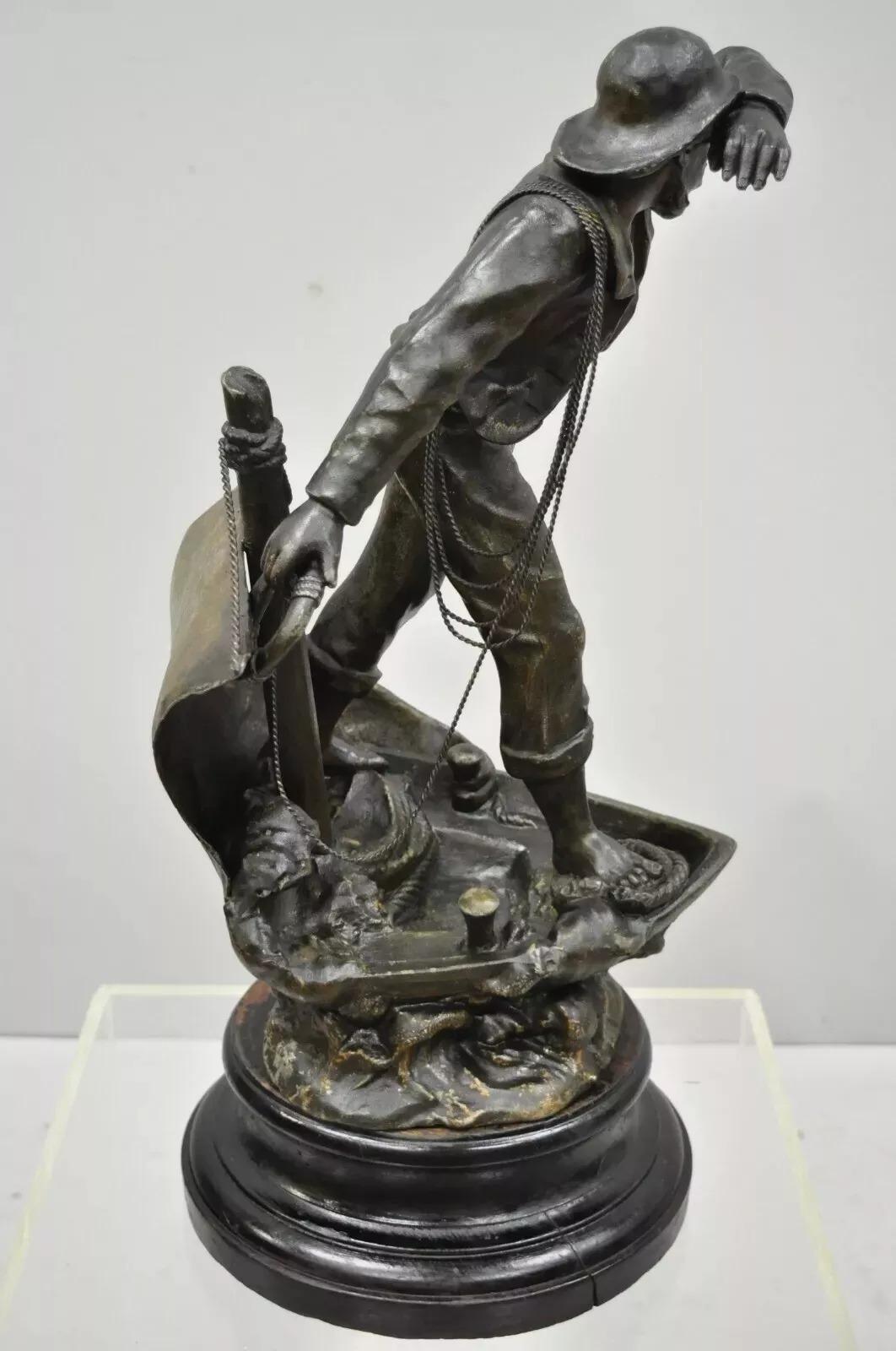 Antique French Spelter Metal Sailor Watchman on Ship Wooden Base, Made in France For Sale 6
