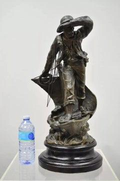 Antique French Spelter Metal Sailor Watchman on Ship Wooden Base, Made in France