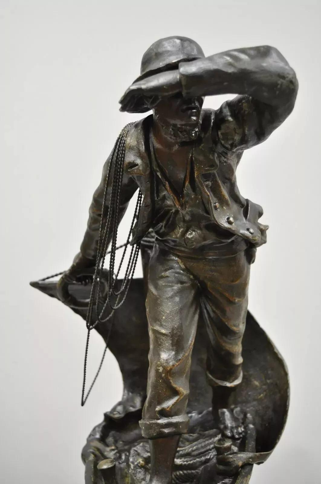 Victorian Antique French Spelter Metal Sailor Watchman on Ship Wooden Base, Made in France For Sale