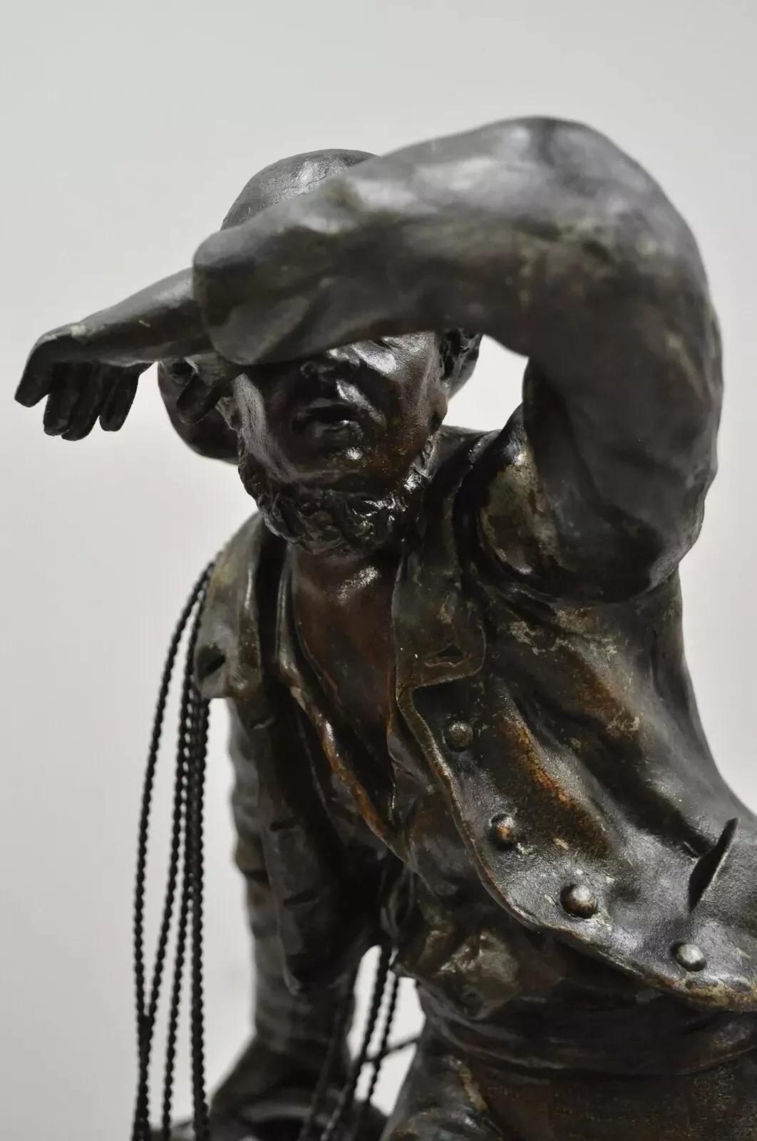 Unknown Antique French Spelter Metal Sailor Watchman on Ship Wooden Base, Made in France For Sale