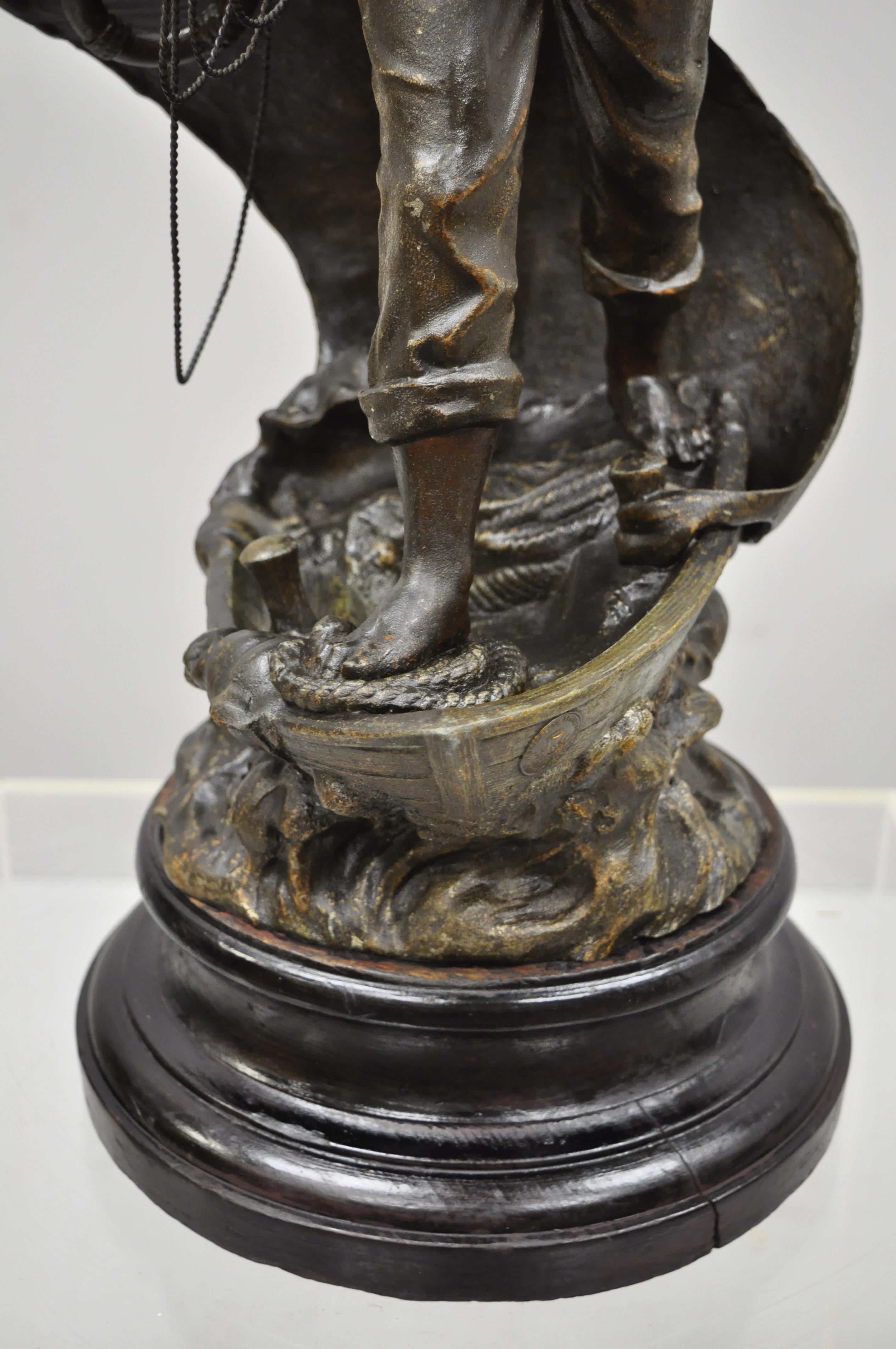 Victorian Antique French Spelter Metal Sailor Watchman on Ship Wooden Base, Made in France For Sale