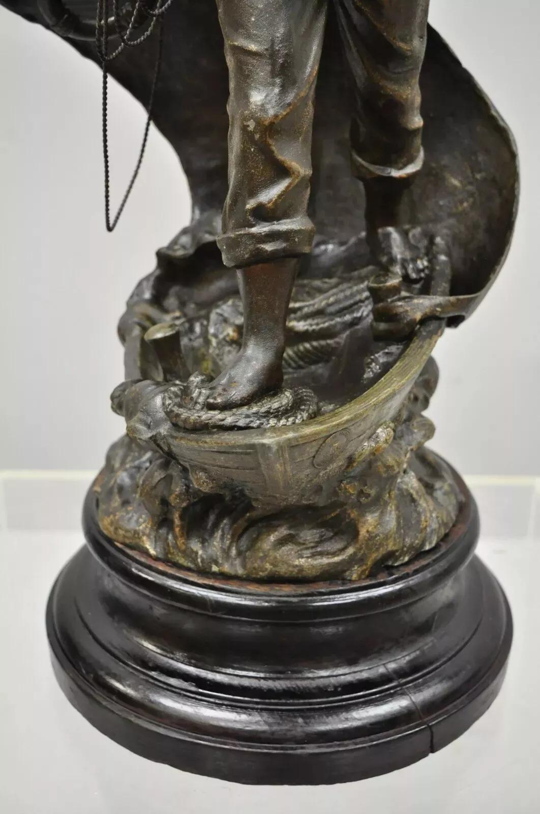 Antique French Spelter Metal Sailor Watchman on Ship Wooden Base, Made in France In Good Condition For Sale In Philadelphia, PA