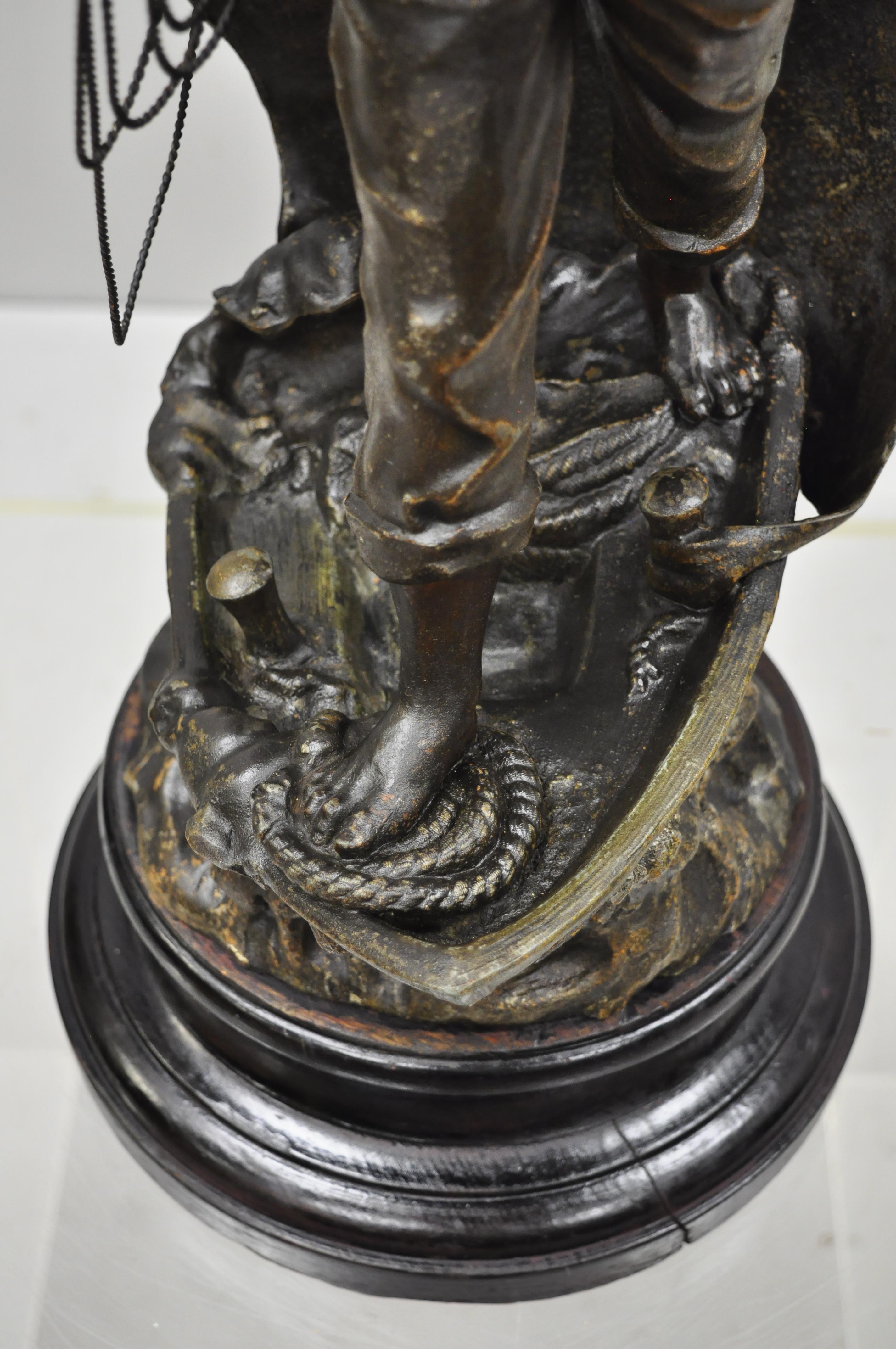 Antique French Spelter Metal Sailor Watchman on Ship Wooden Base, Made in France In Good Condition For Sale In Philadelphia, PA