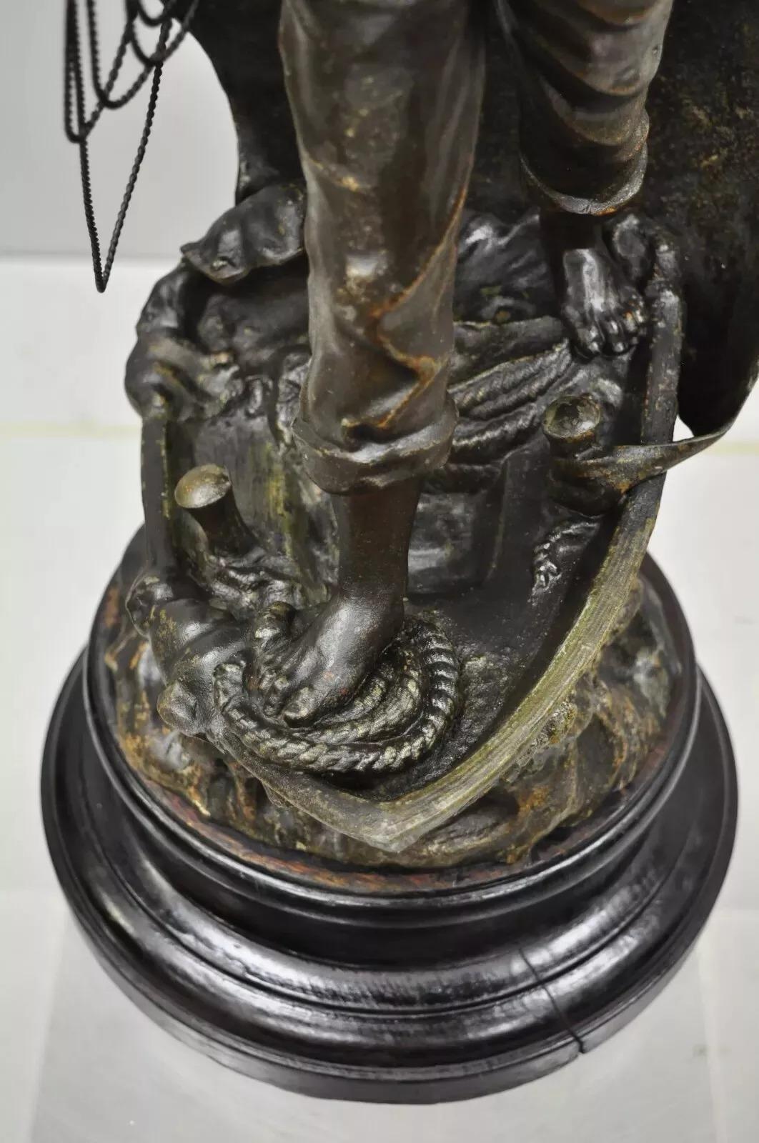 20th Century Antique French Spelter Metal Sailor Watchman on Ship Wooden Base, Made in France For Sale