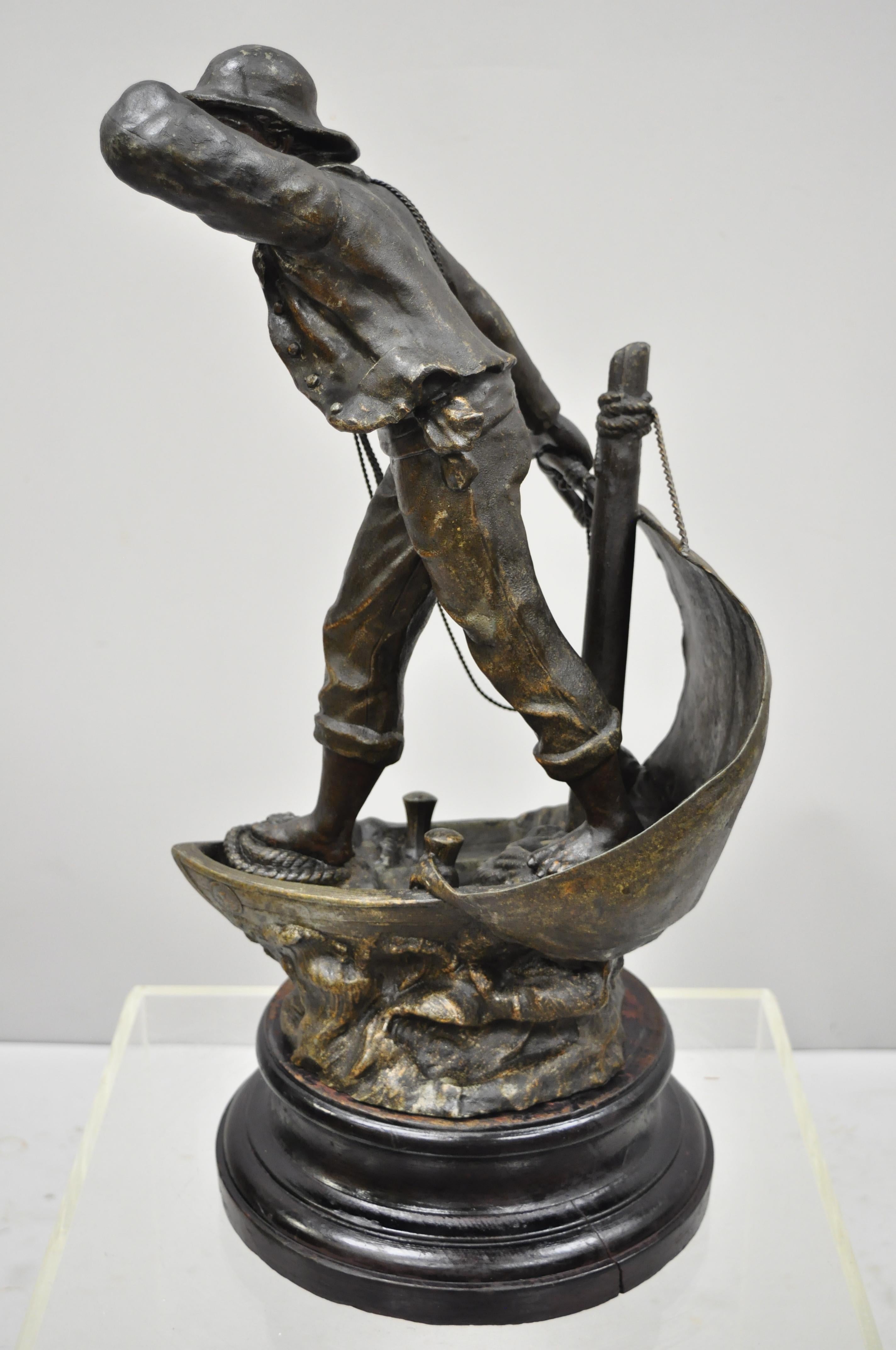 20th Century Antique French Spelter Metal Sailor Watchman on Ship Wooden Base, Made in France For Sale