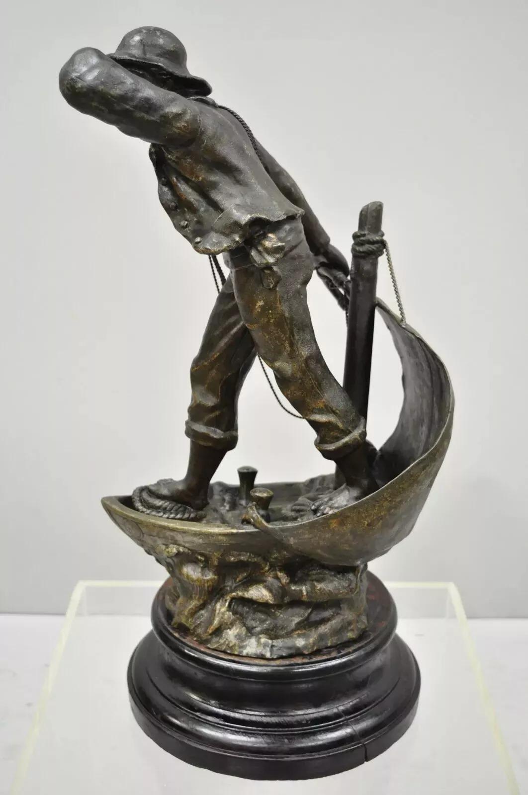 Antique French Spelter Metal Sailor Watchman on Ship Wooden Base, Made in France For Sale 1