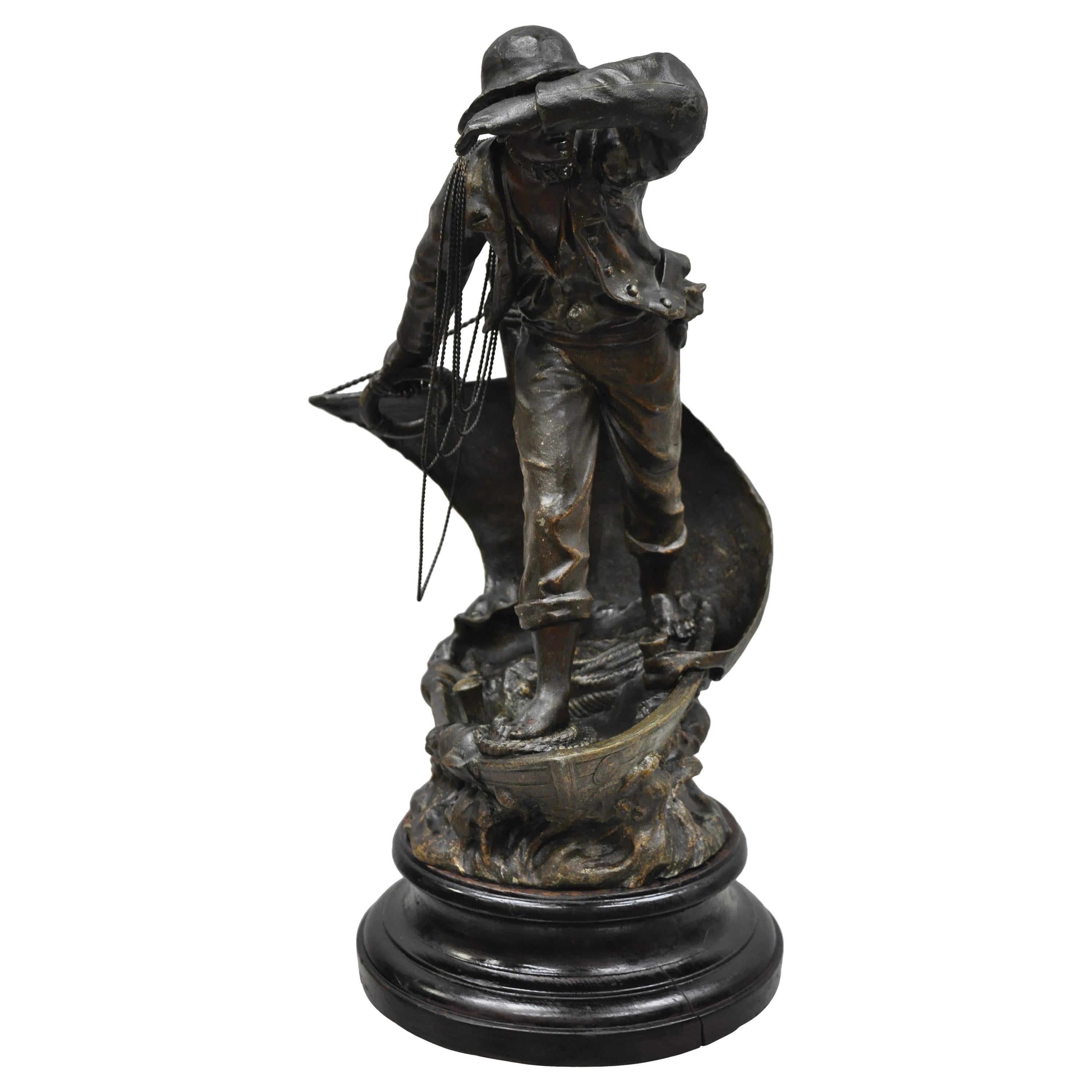 Antique French Spelter Metal Sailor Watchman on Ship Wooden Base, Made in France