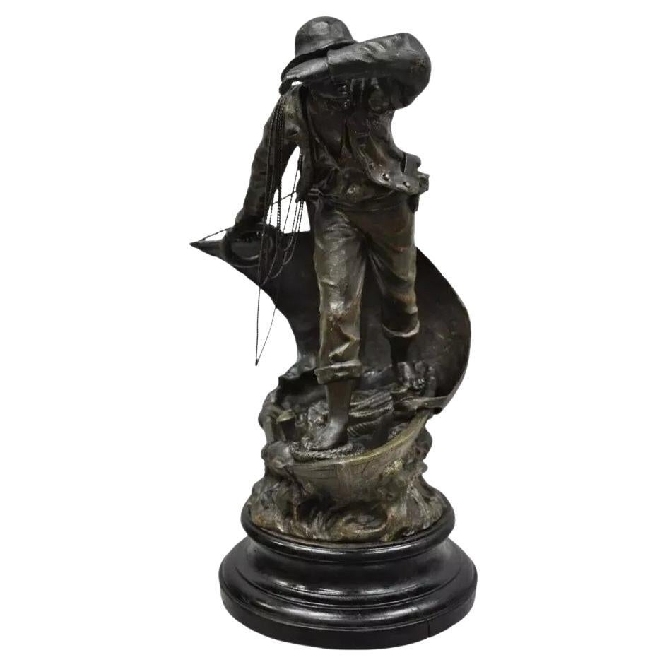 Antique French Spelter Metal Sailor Watchman on Ship Wooden Base, Made in France For Sale