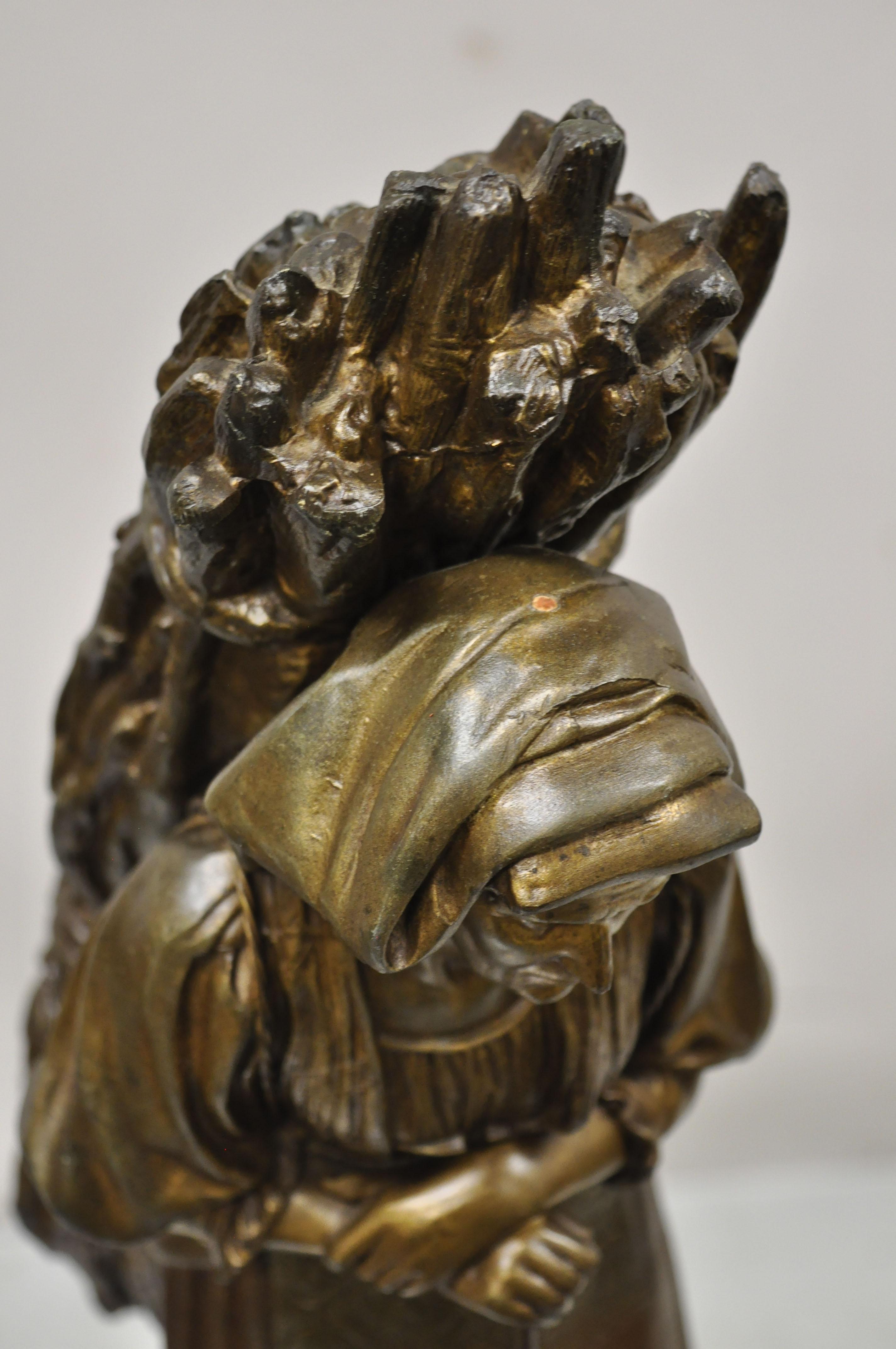Antique French Spelter Sculpture Statue of Woman Carrying Bundle of Sticks Hiver For Sale 4